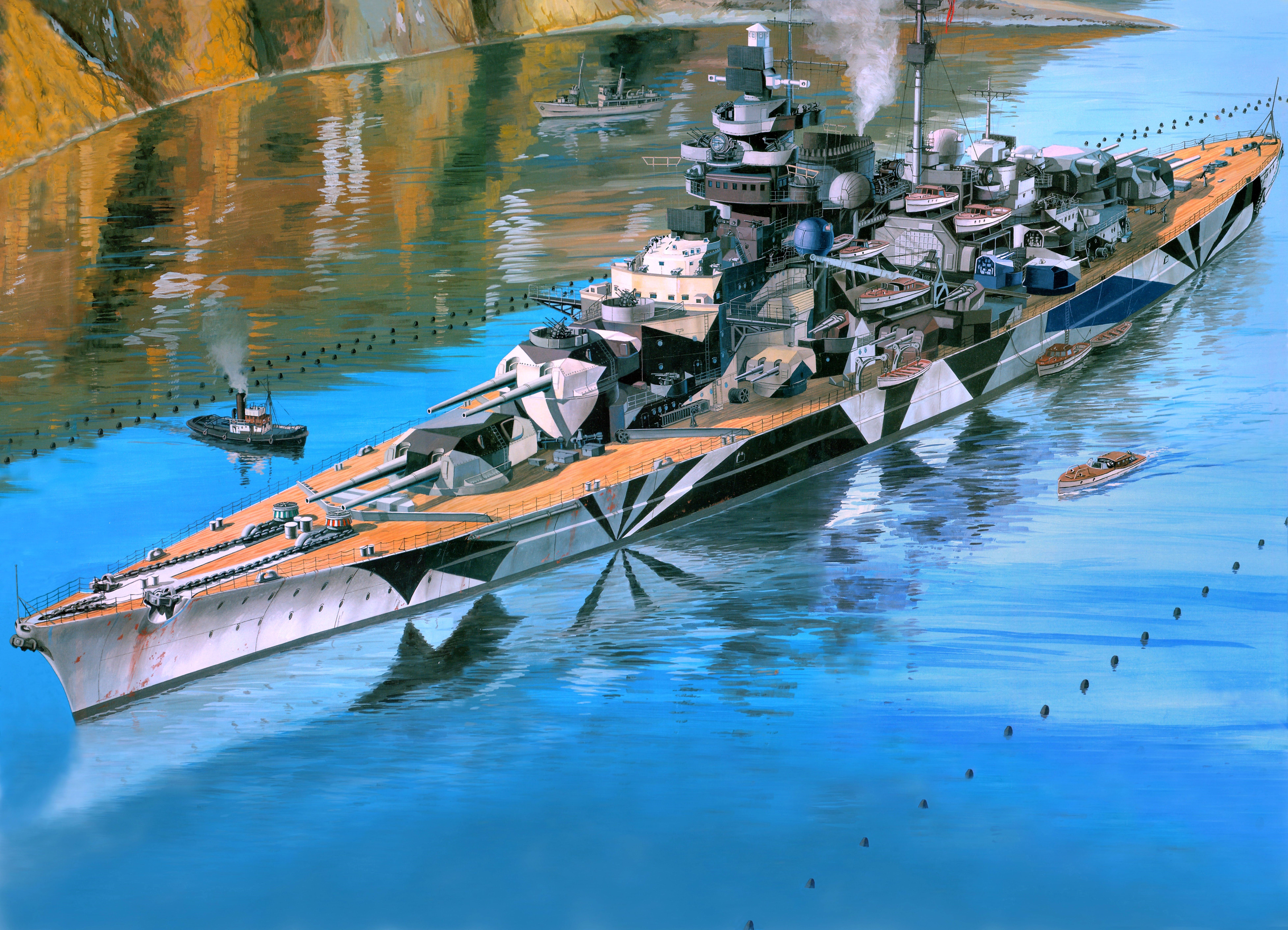 Painting of a German Battleship Bismarck in Camouflage HD Wallpaper