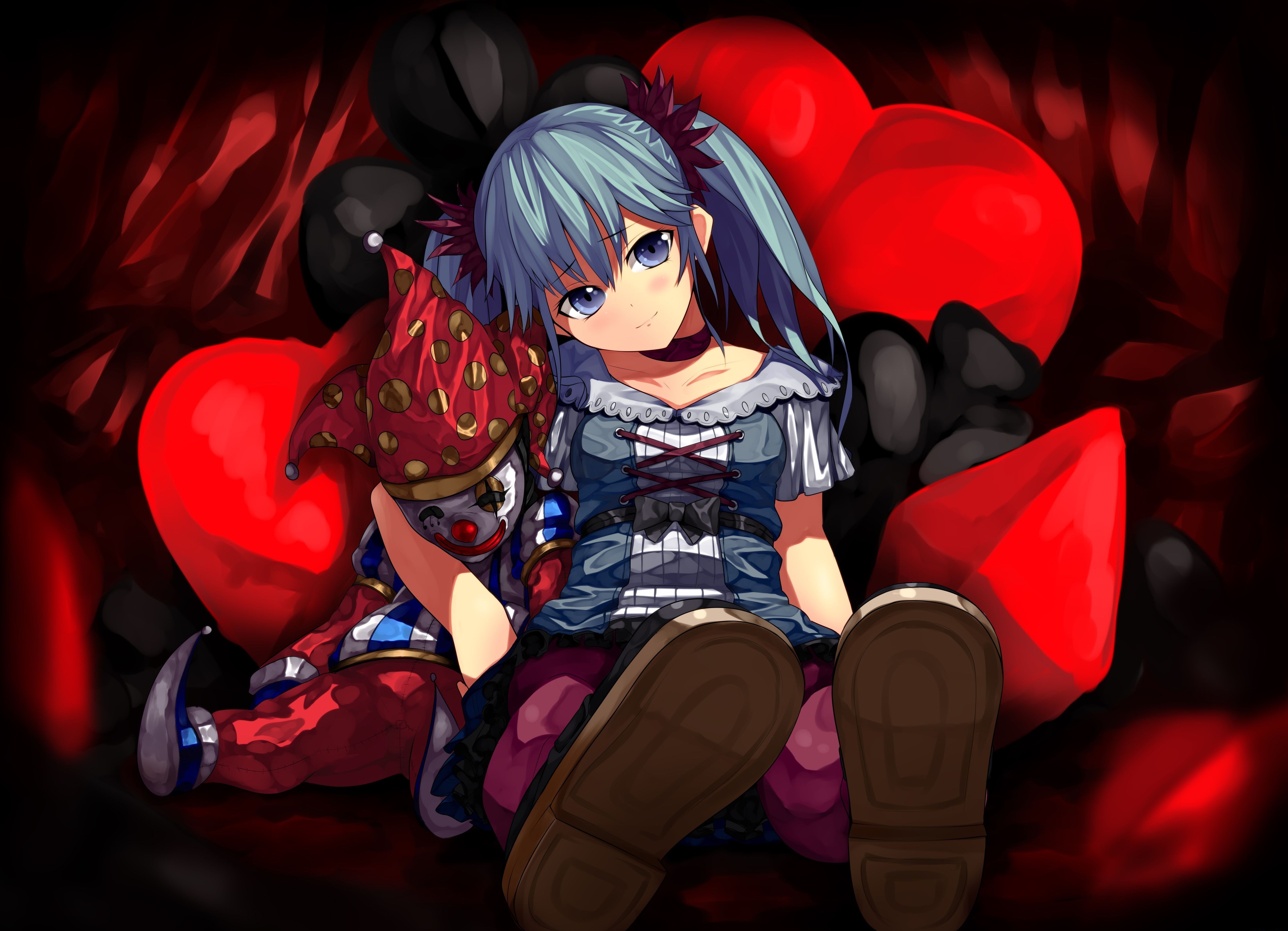 Girl with Clown Doll and Hearts HD Wallpaper