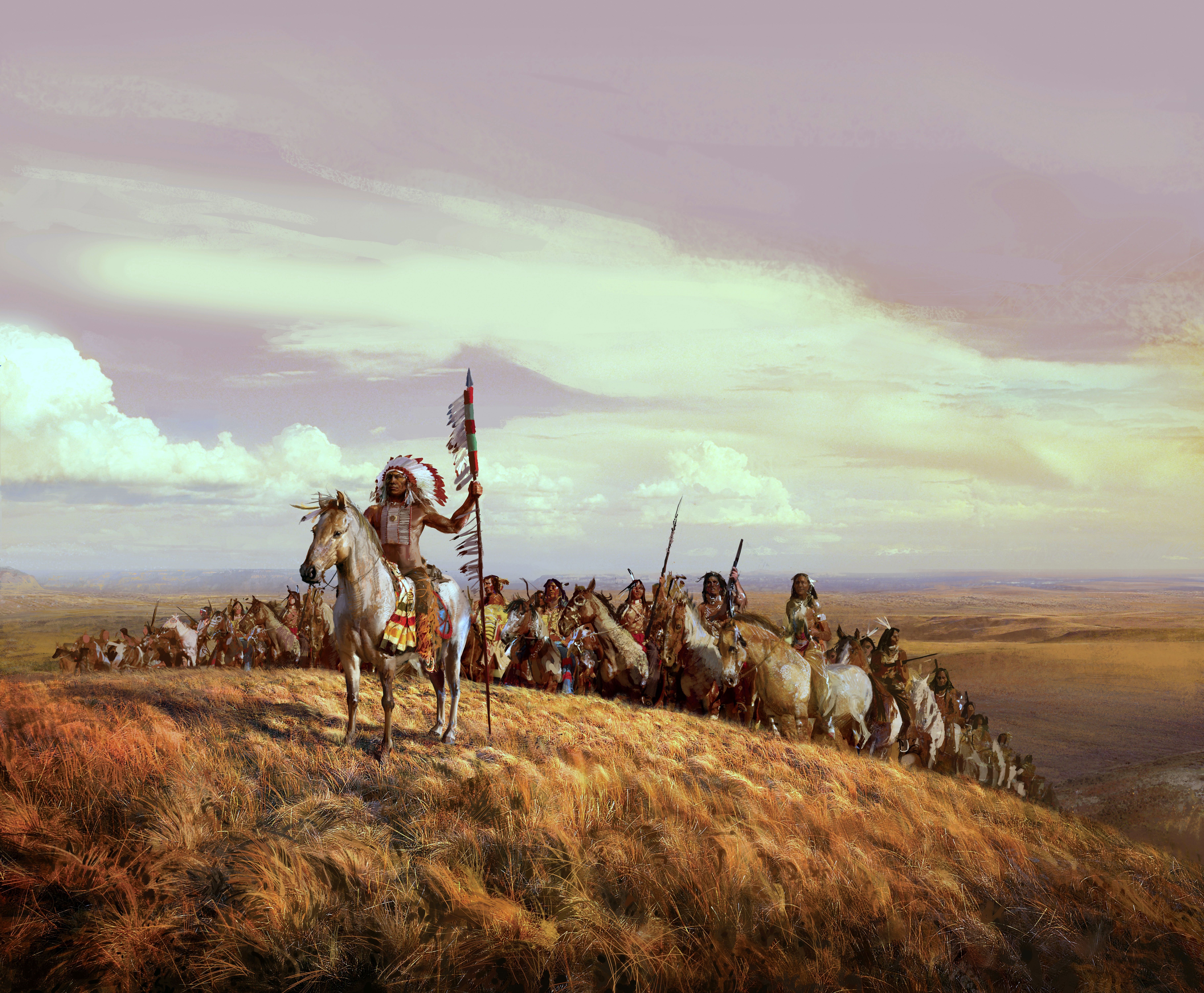 Native American tribe on horseback on a hill HD Wallpaper