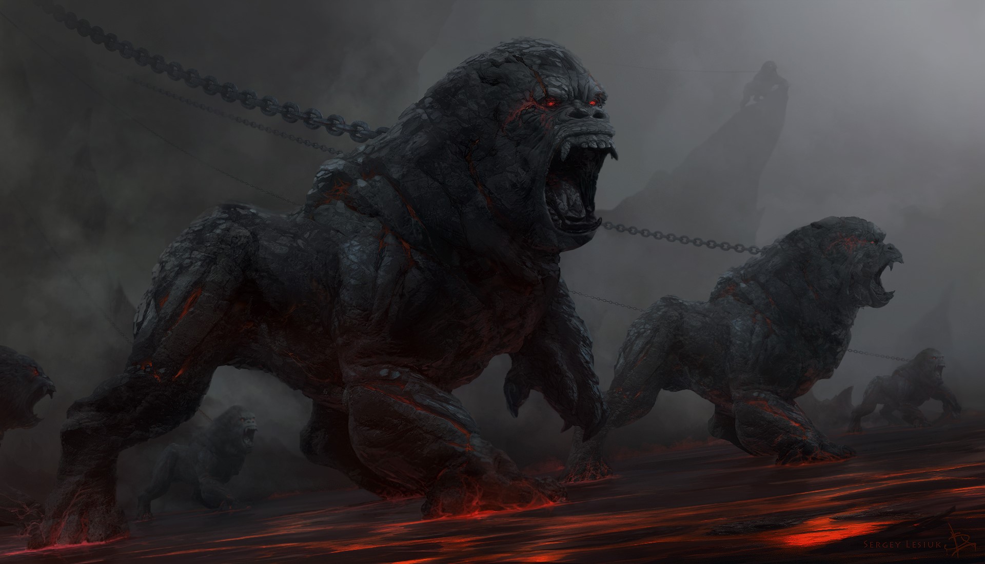 Monsters chained in a volcanic landscape HD Wallpaper