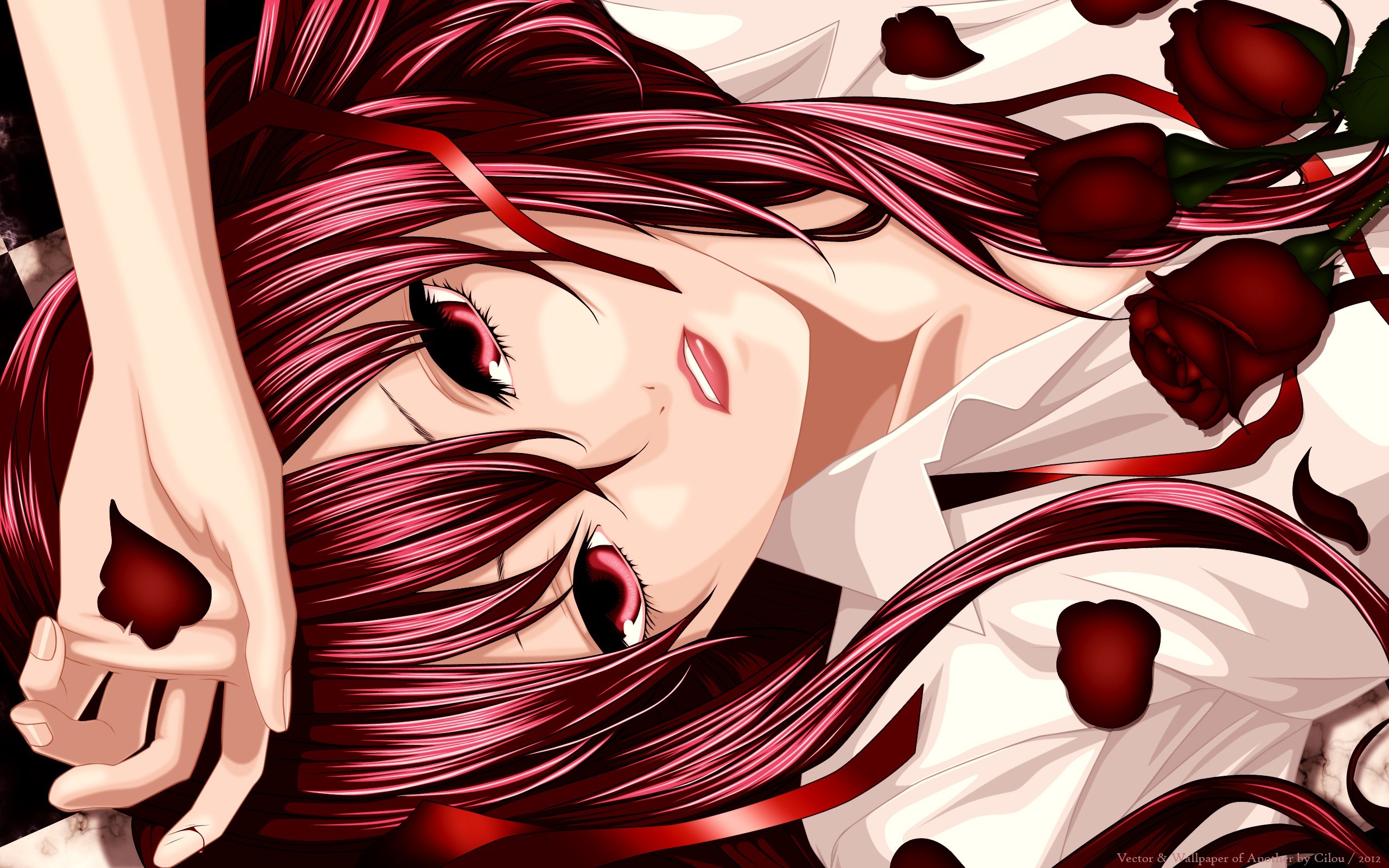 Anime girl with red hair and roses HD Wallpaper