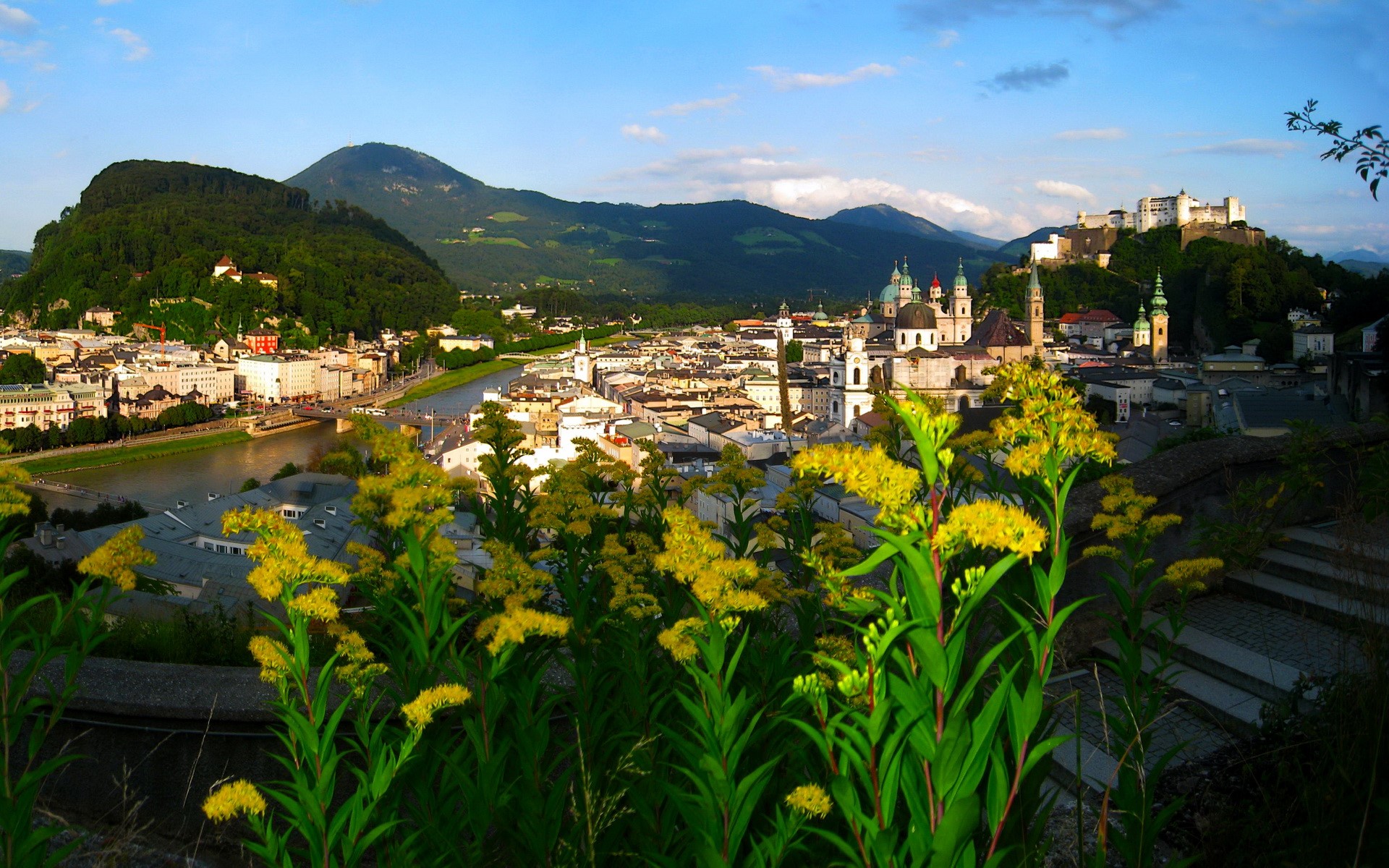 Salzburg cityscape with Hohensalzburg Fortress and mountains HD Wallpaper