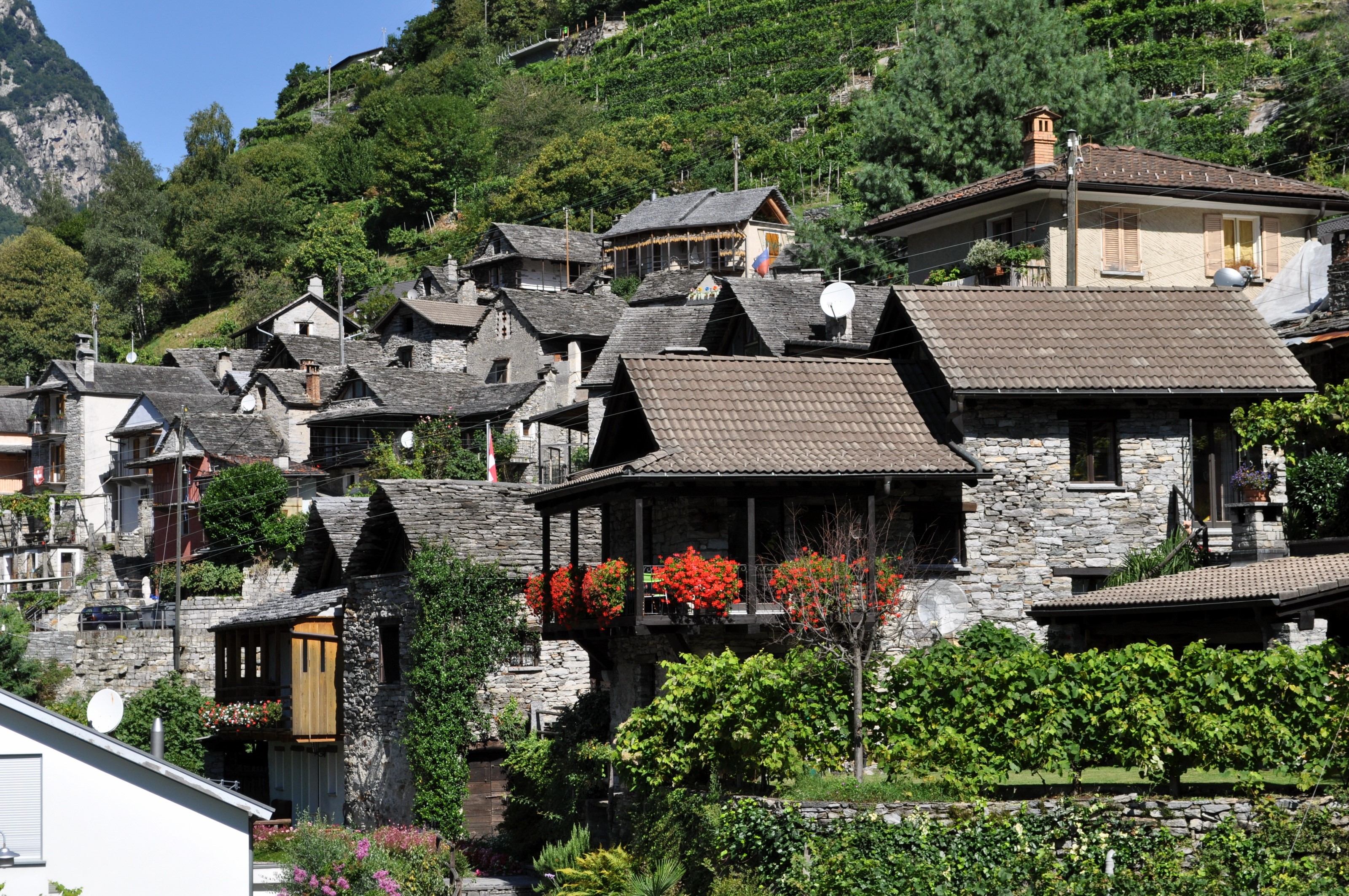 Stone houses in Vogorno, Ticino, Switzerland HD Wallpaper