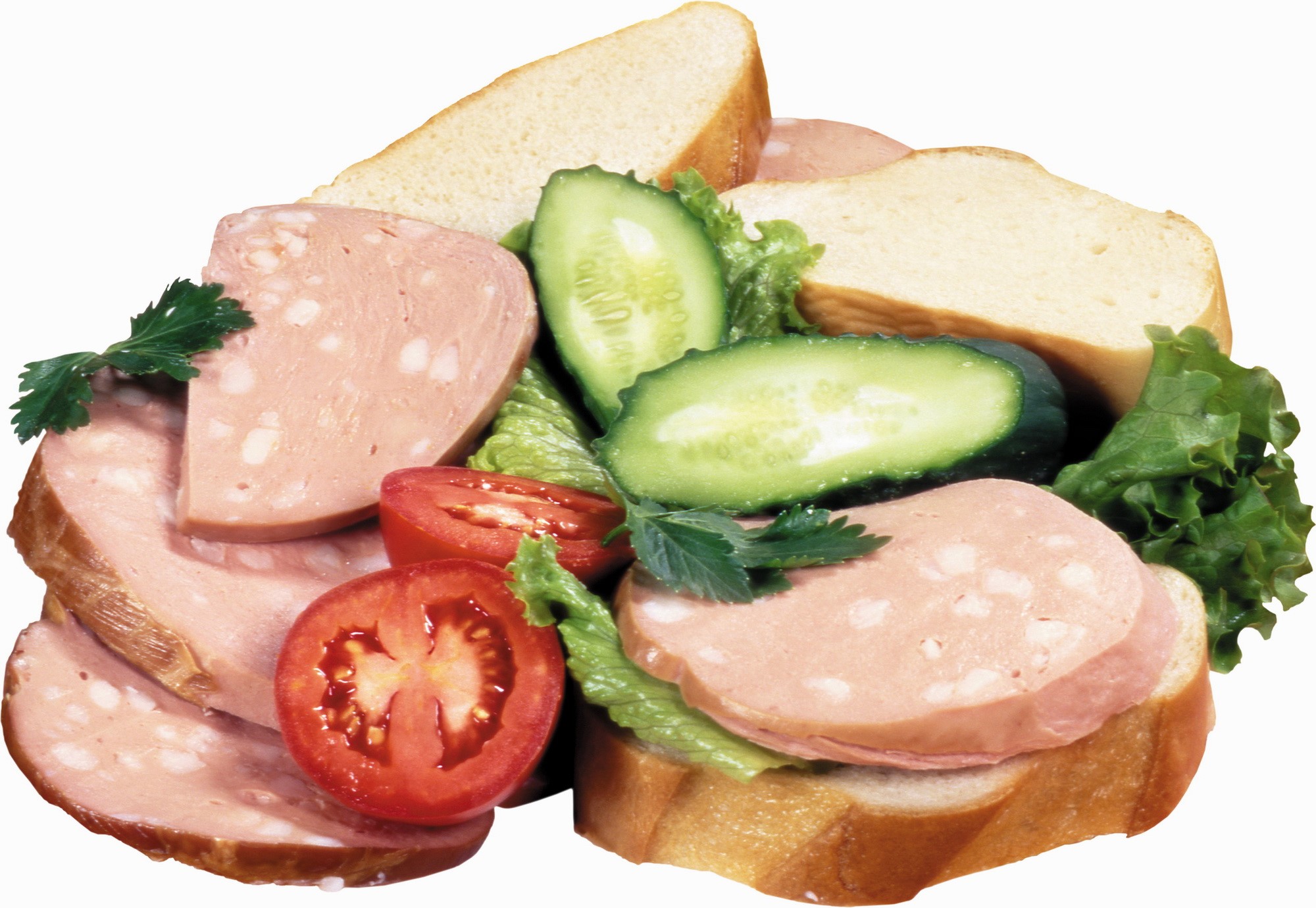 Sandwich with mortadella, tomato, cucumber, and lettuce HD Wallpaper