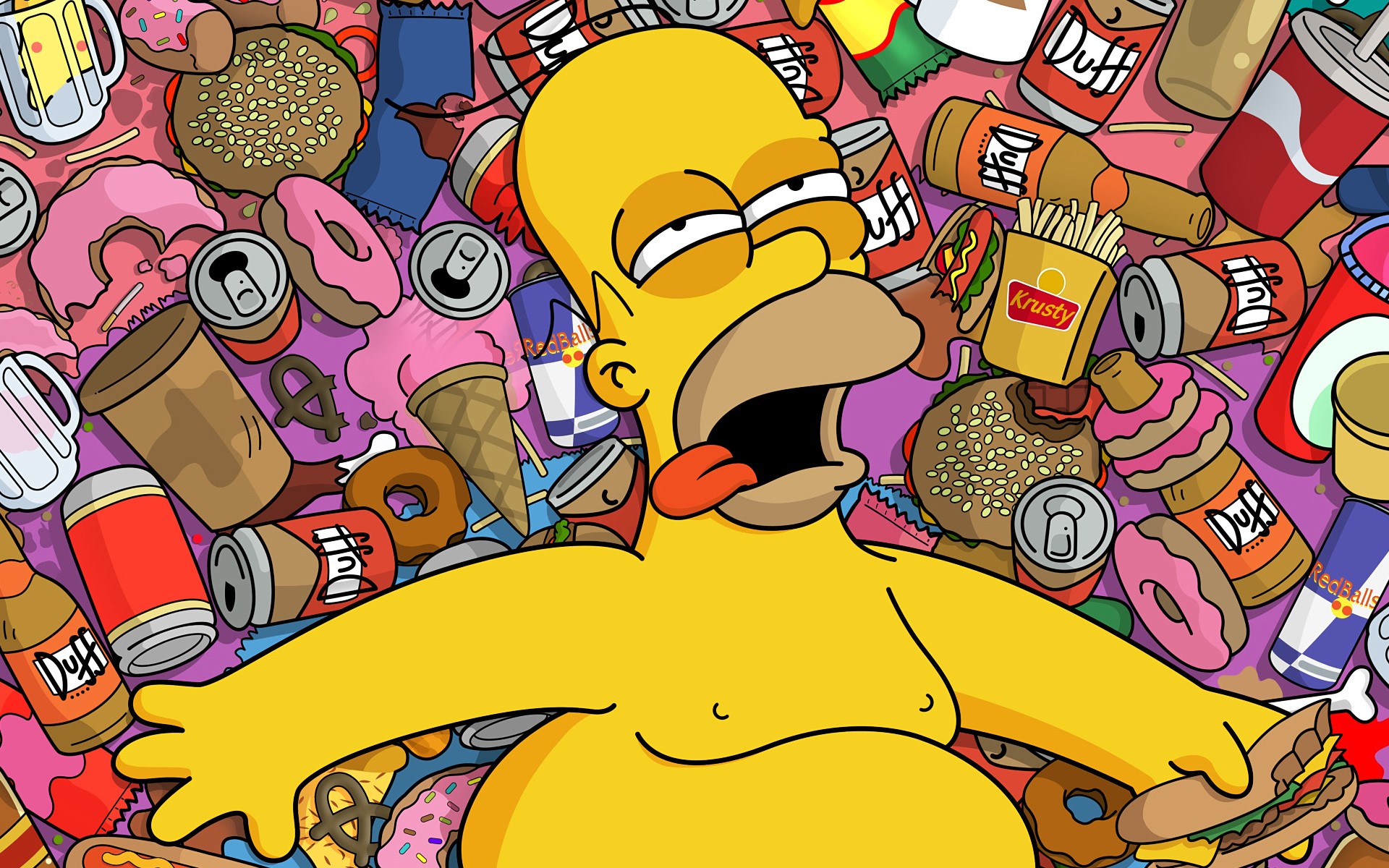 Homer Simpson surrounded by junk food and drinks HD Wallpaper