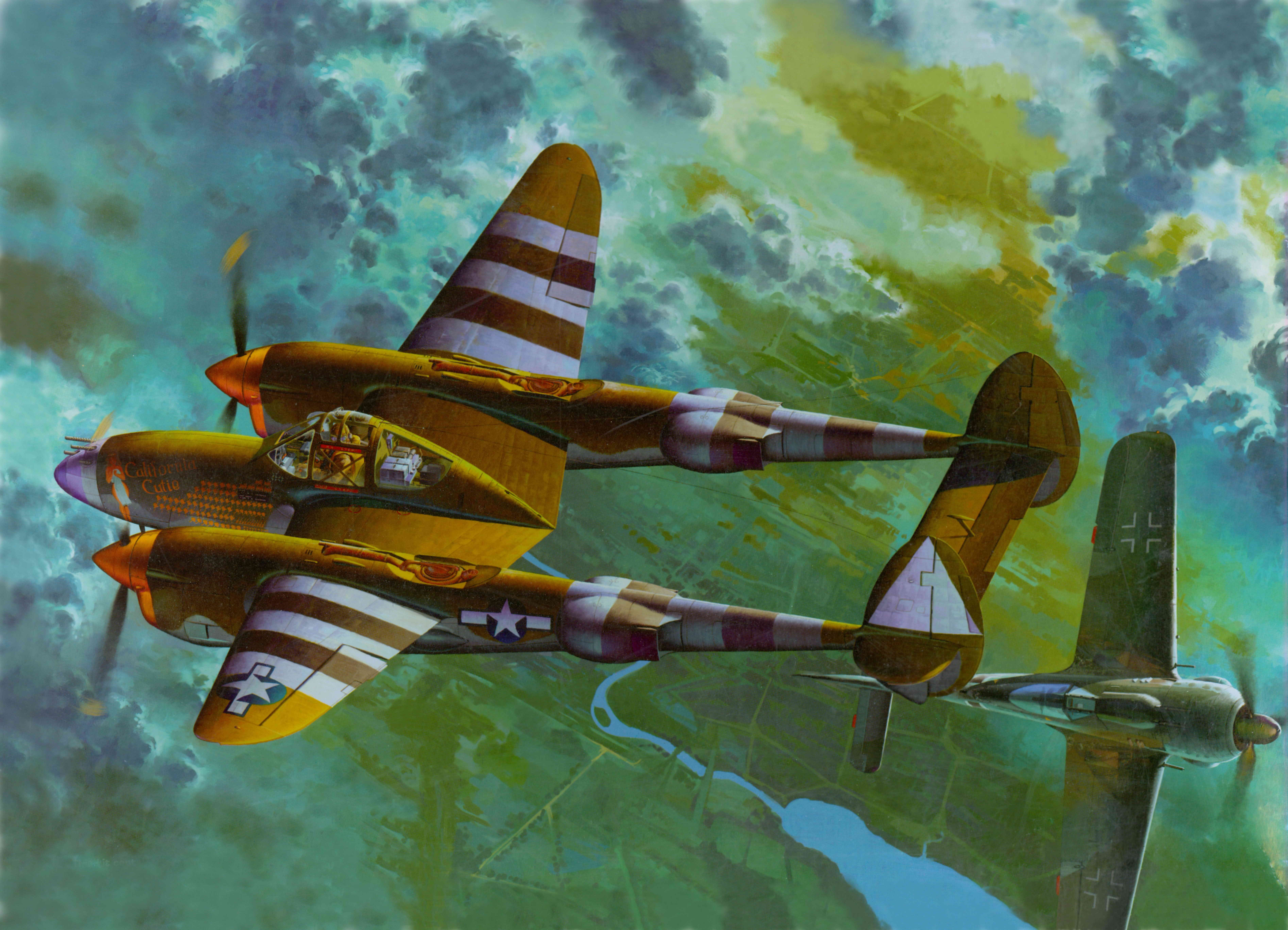 P-38J Airplanes in Flight Painting Art HD Wallpaper