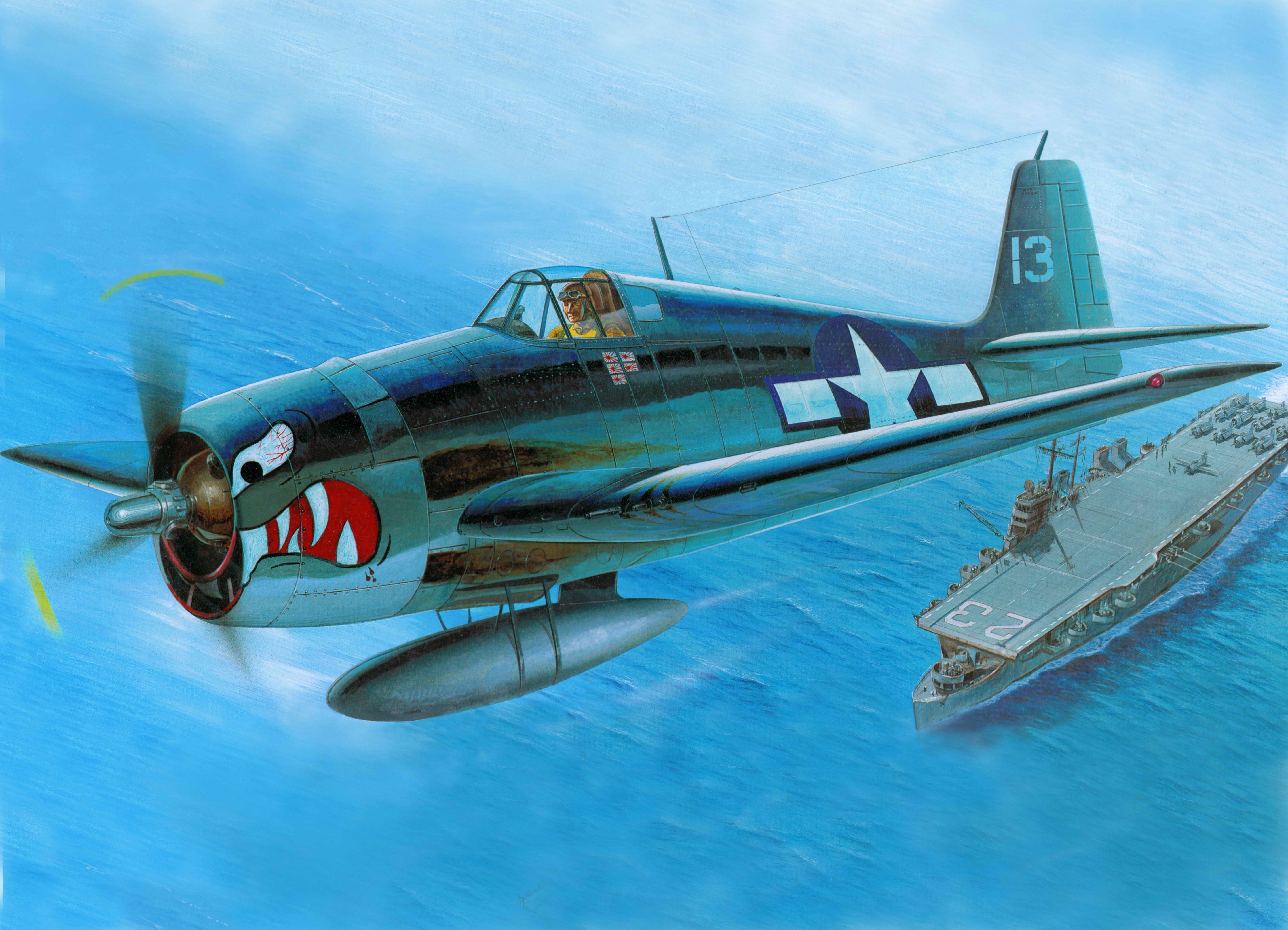 Grumman F6F Hellcat fighter plane over aircraft carrier HD Wallpaper