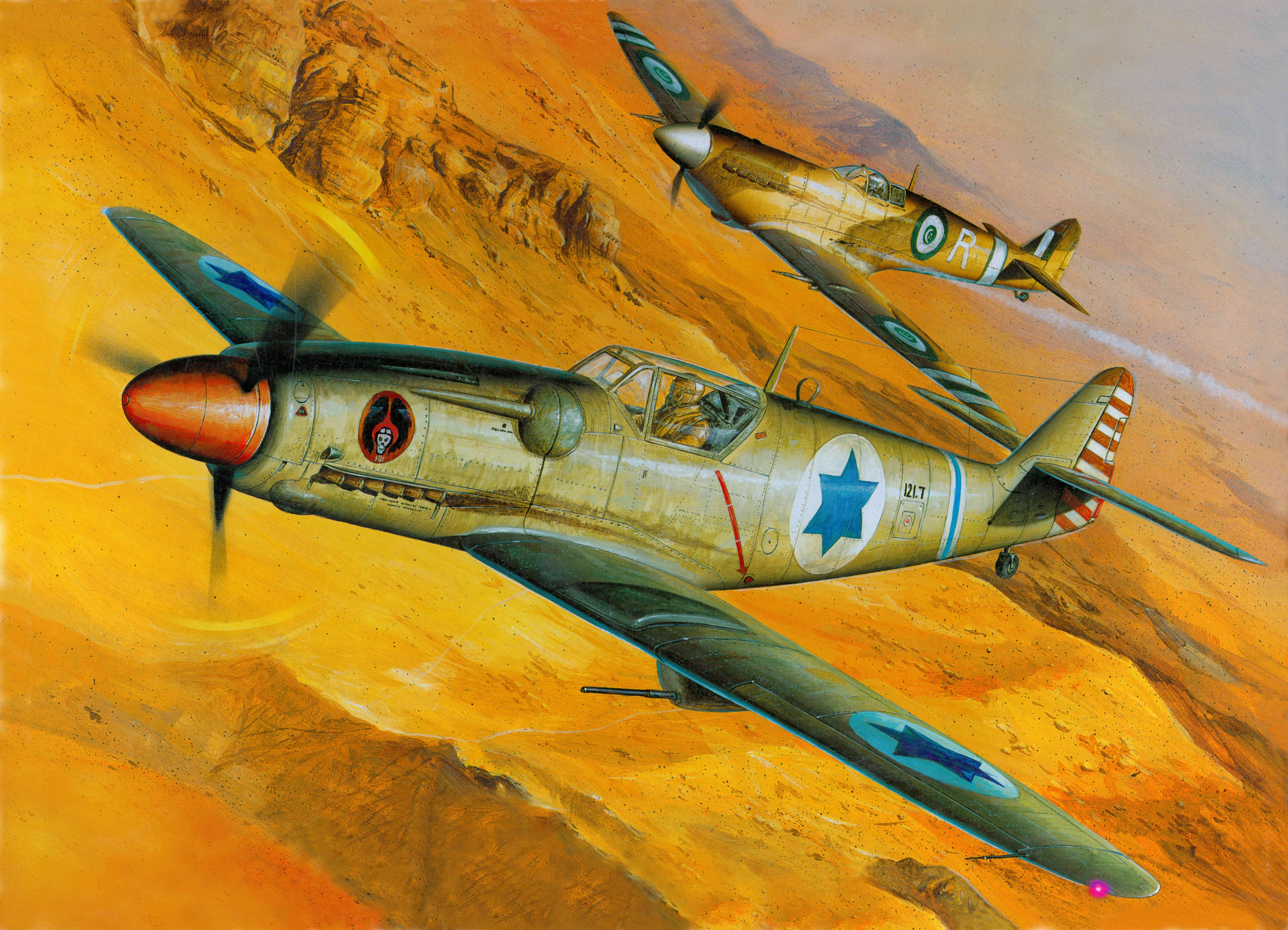 Avia S-199 and Spitfire in desert landscape painting HD Wallpaper
