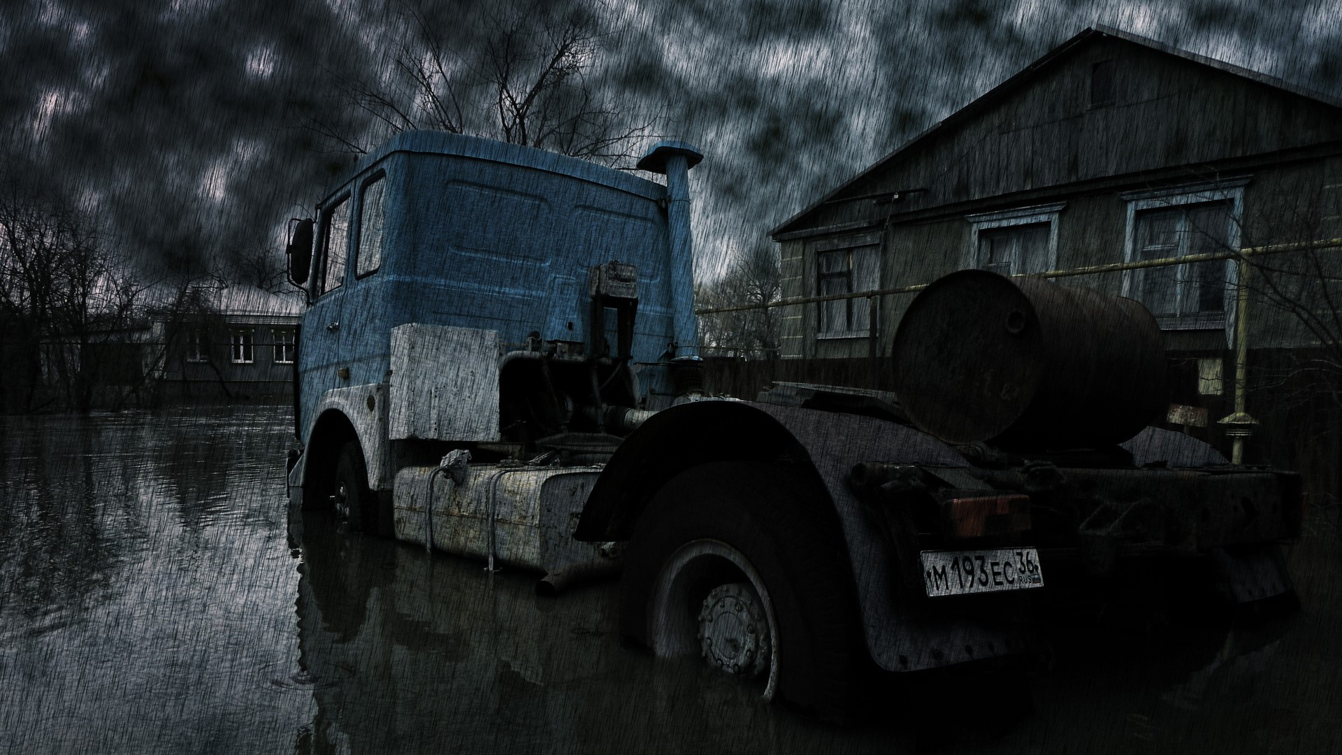Flooded truck in front of a wooden house during a storm HD Wallpaper