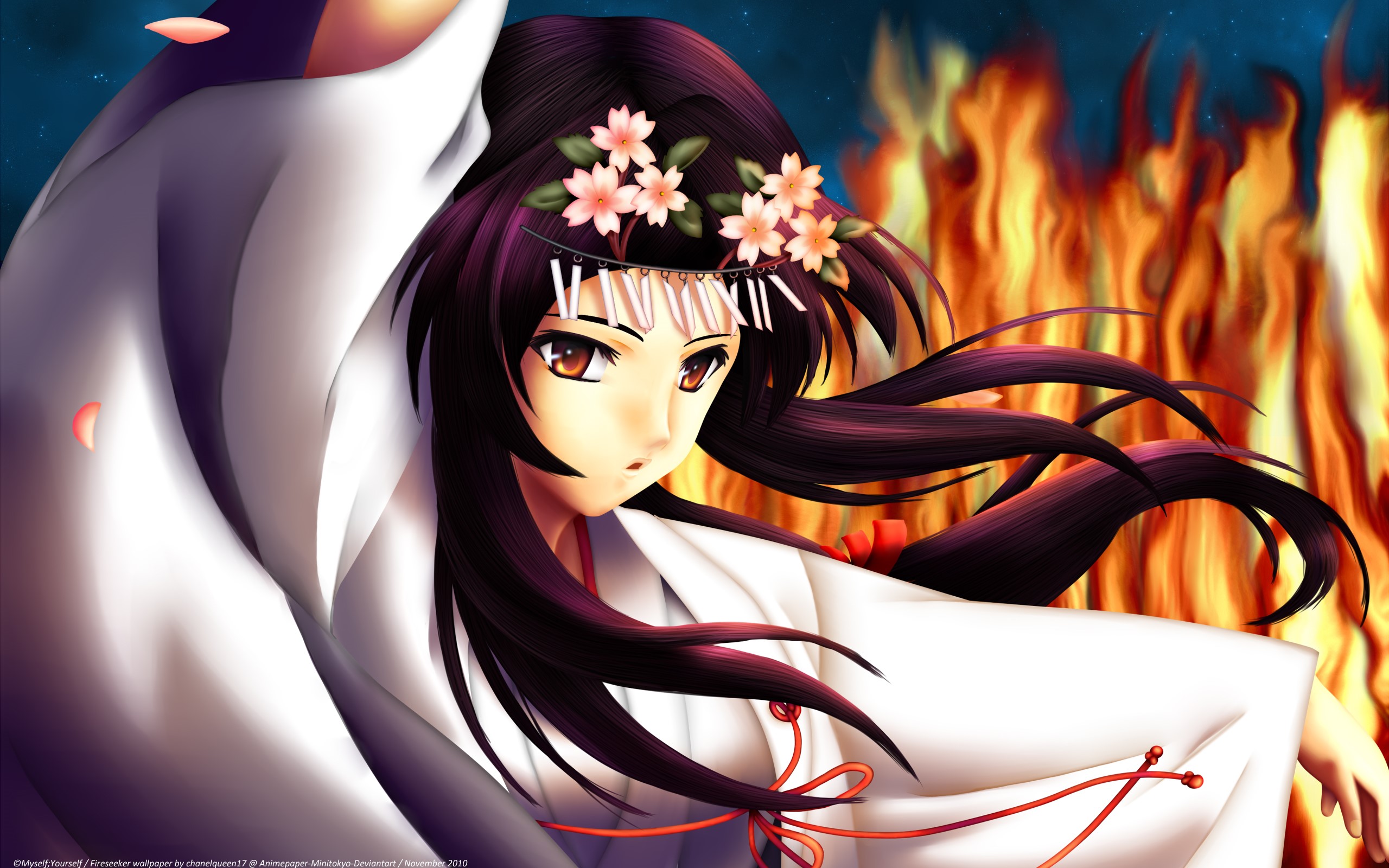 Anime girl with flowers in hair and fire background HD Wallpaper
