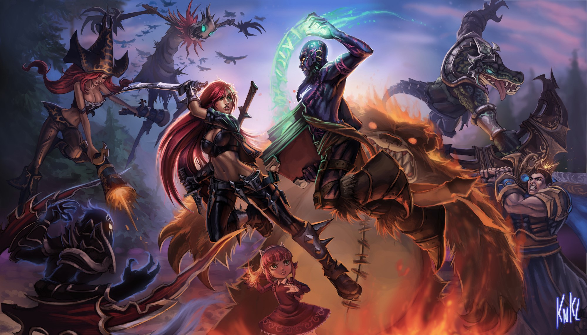 League of Legends characters in a battle scene HD Wallpaper