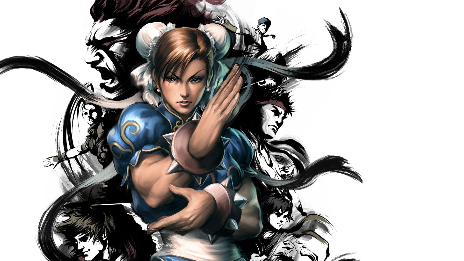 Chun-Li and other Street Fighter characters in ink art style HD Wallpaper