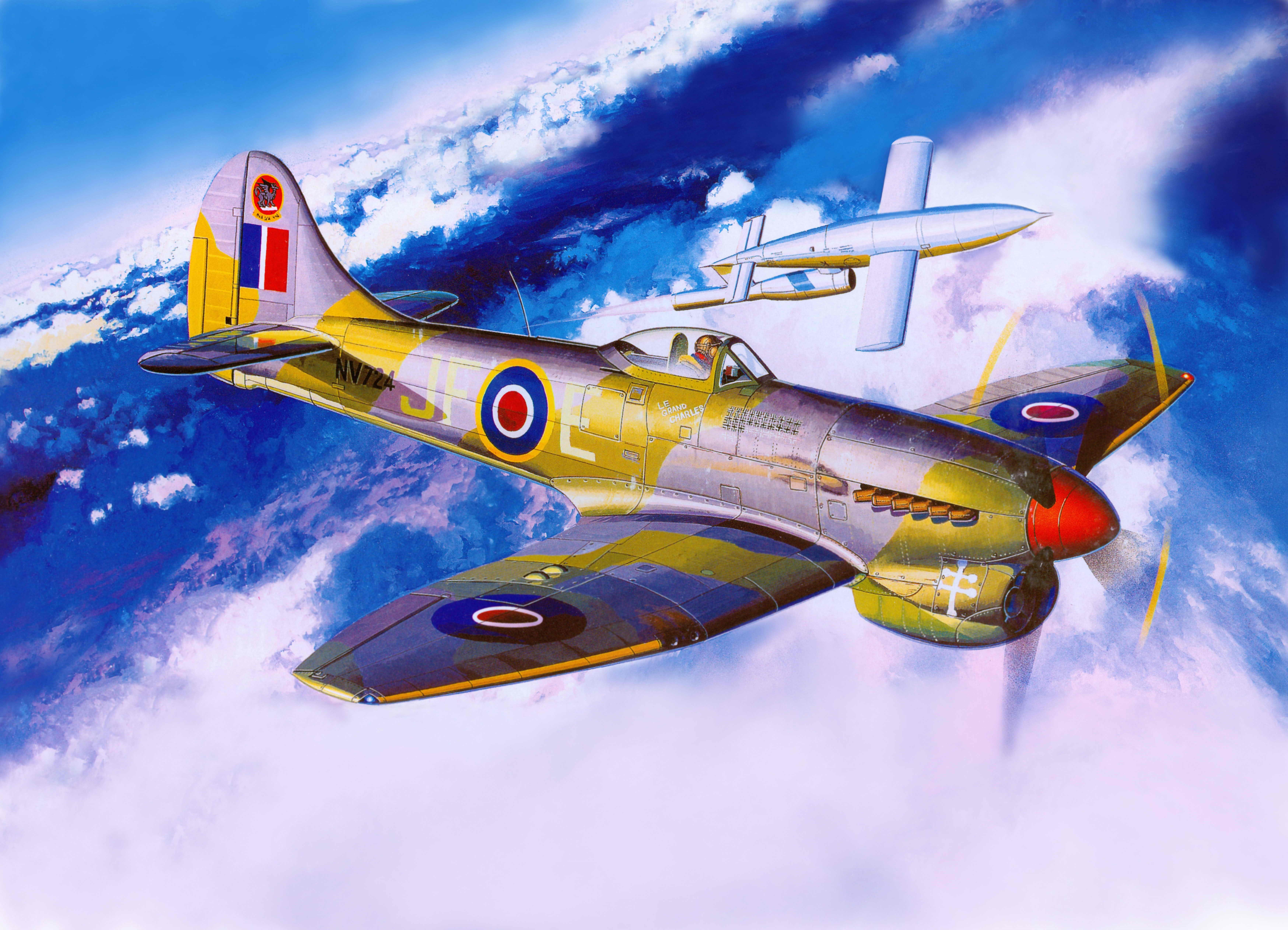 Painting of a Supermarine Spitfire and a V-1 flying bomb HD Wallpaper