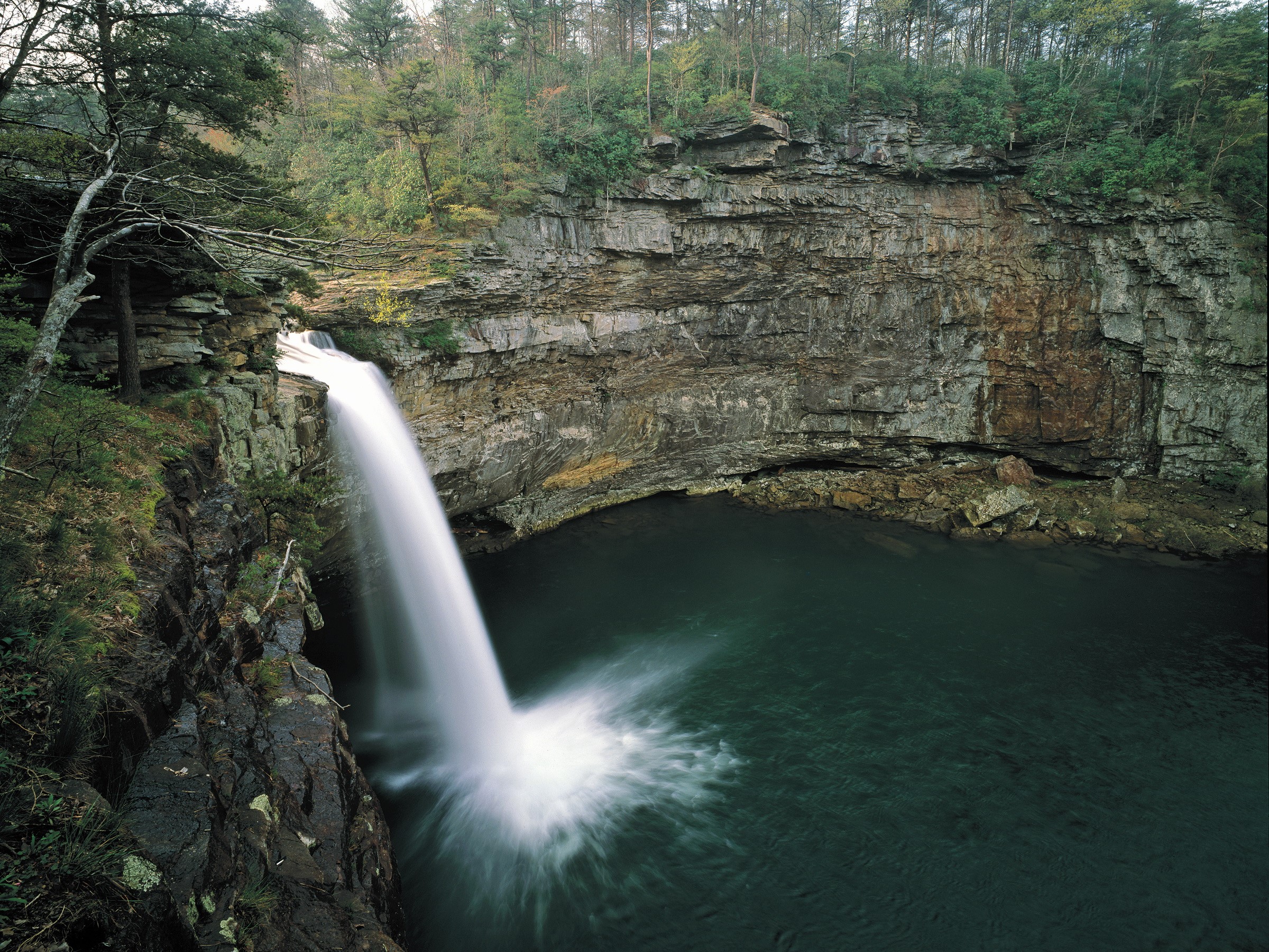 Waterfall cascading into a dark pool at Blackwater Falls State Park HD Wallpaper
