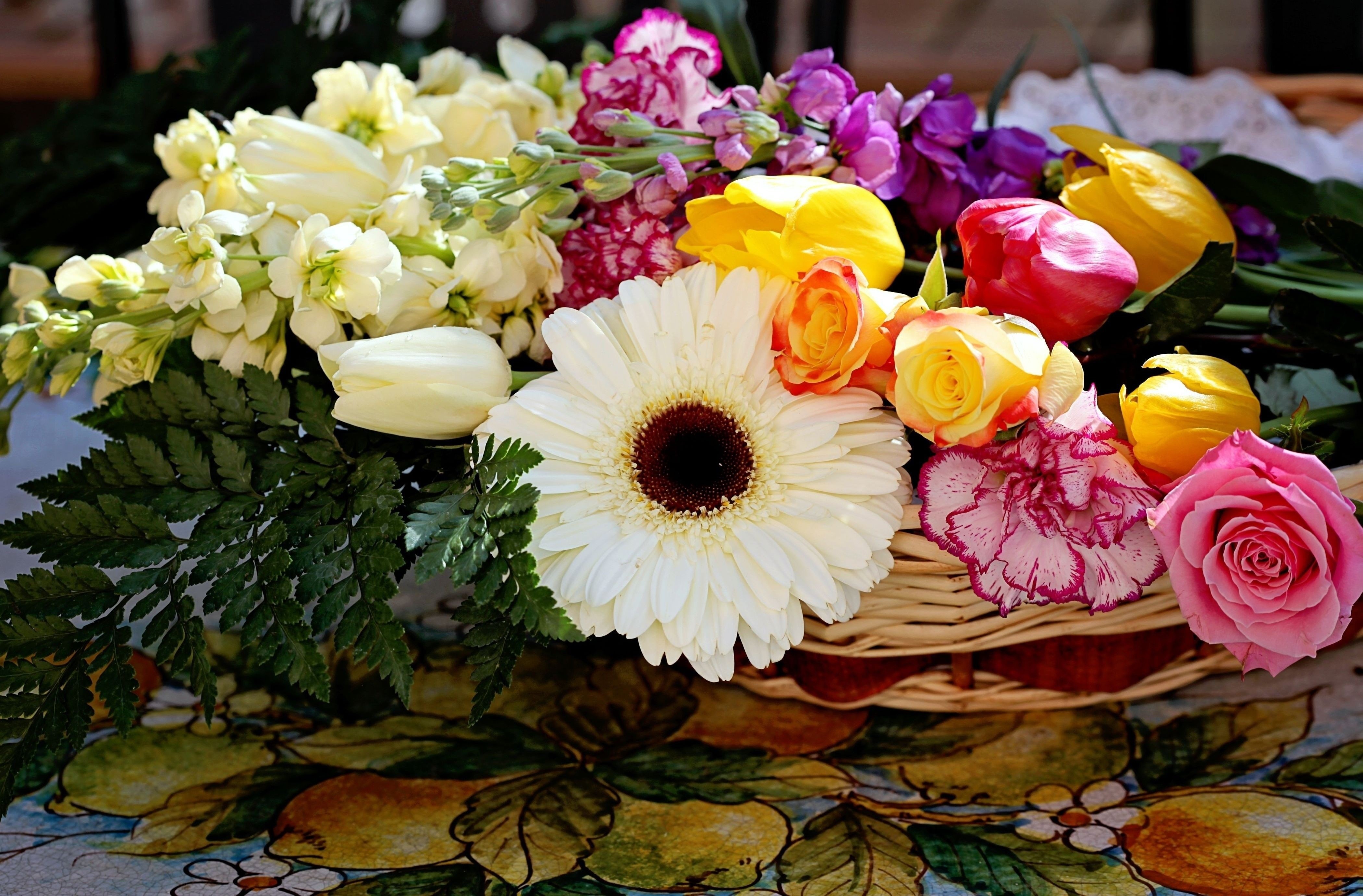 Bouquet of Flowers in a Basket HD Wallpaper