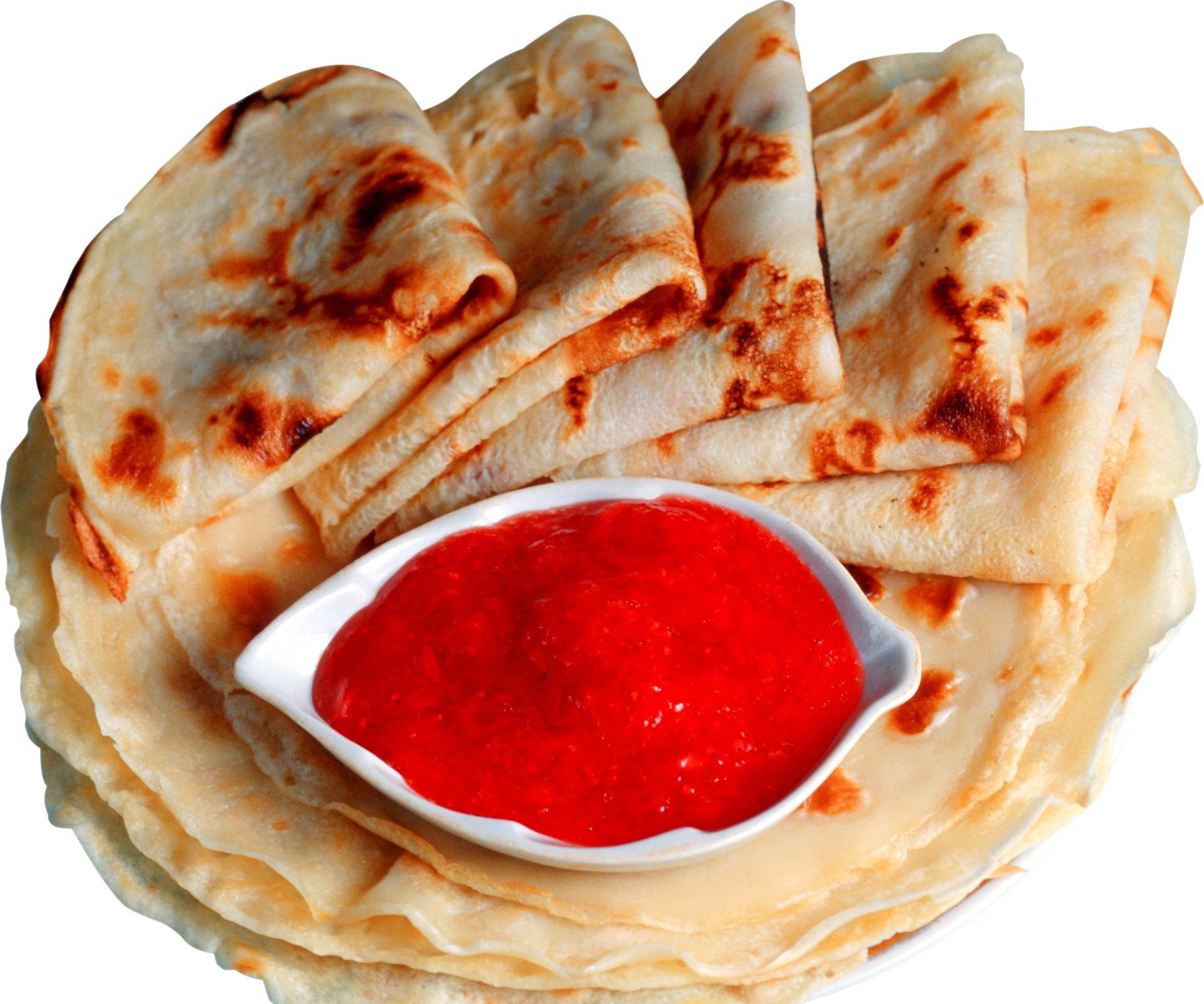 Stack of crepes with strawberry jam HD Wallpaper