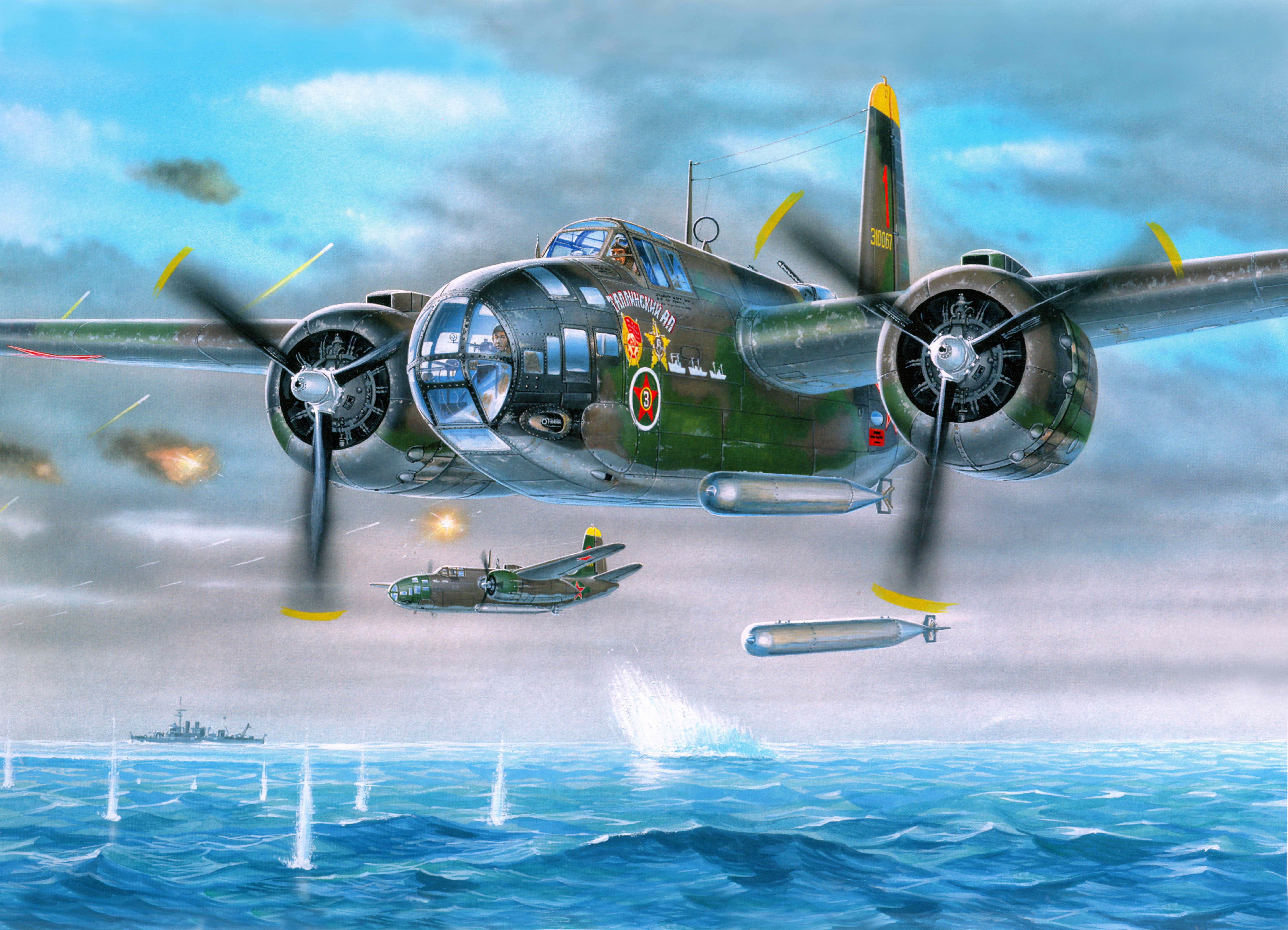 Douglas A-20G Havoc bombing a ship HD Wallpaper