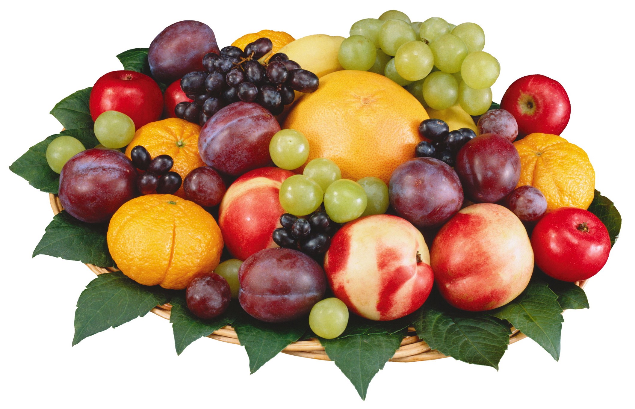 Fruit basket with apples, plums, grapes, oranges, and grapefruit HD Wallpaper