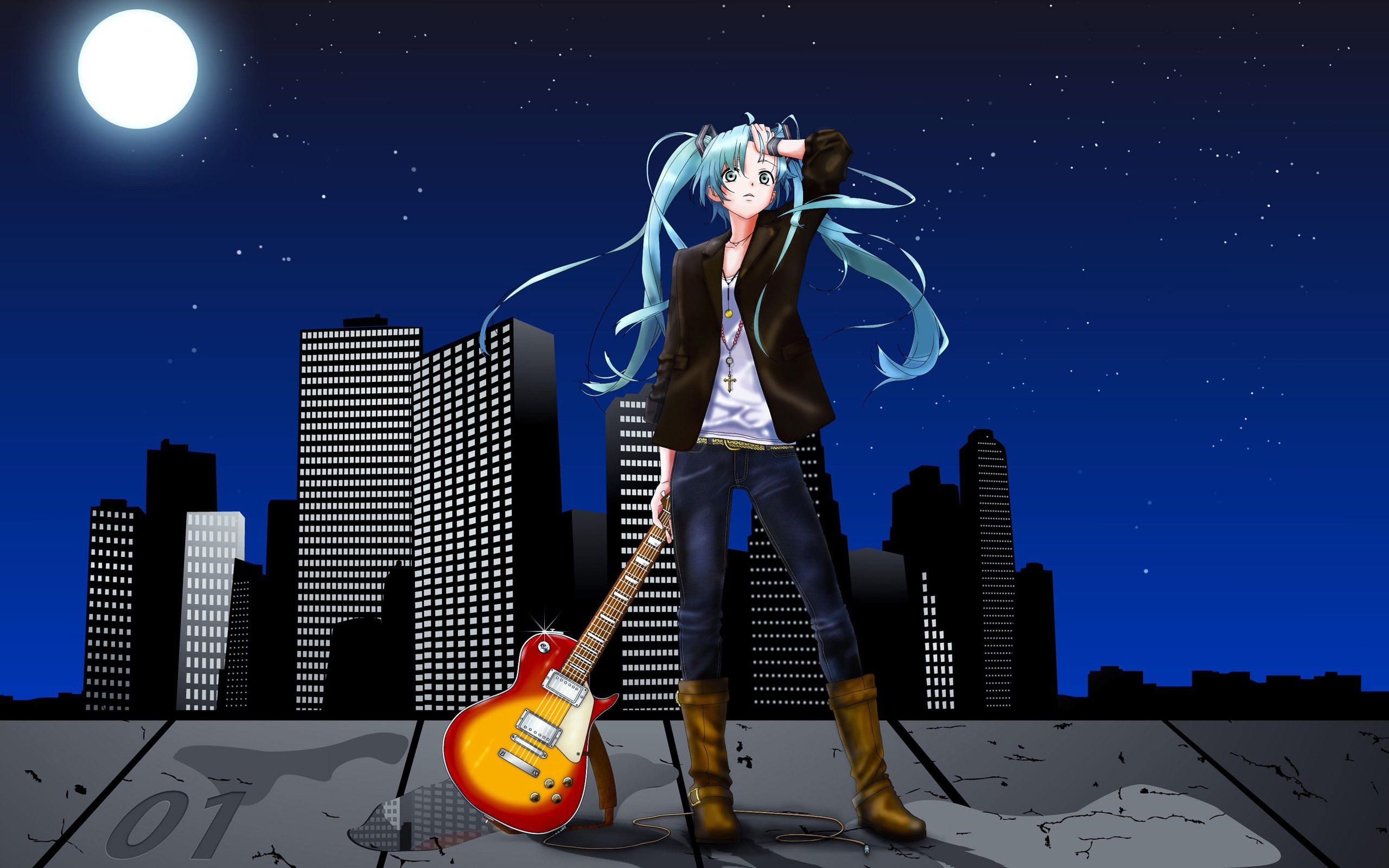 Hatsune Miku with Guitar in City at Night HD Wallpaper