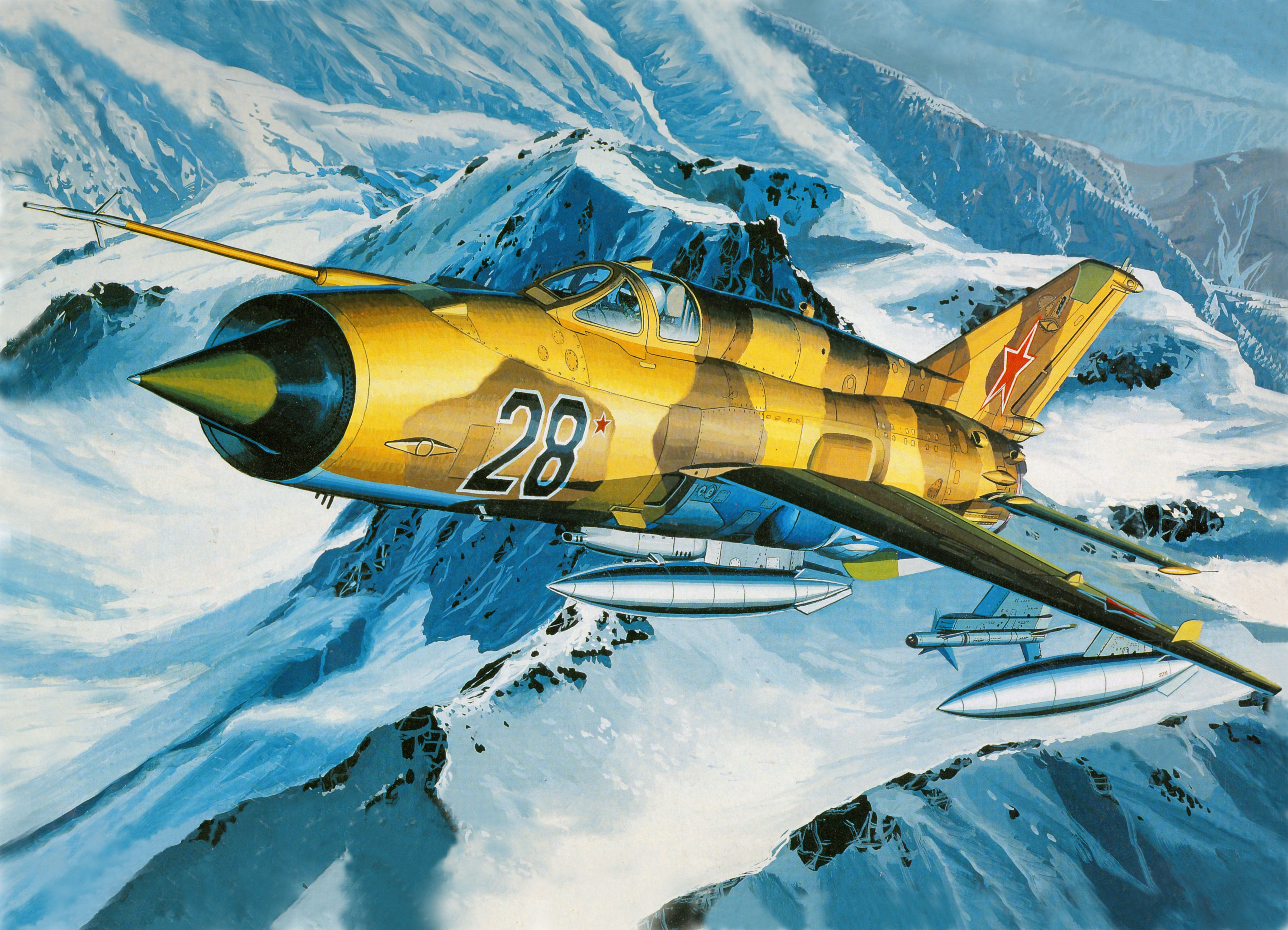 MiG-21 fighter jet flying over snowy mountains HD Wallpaper