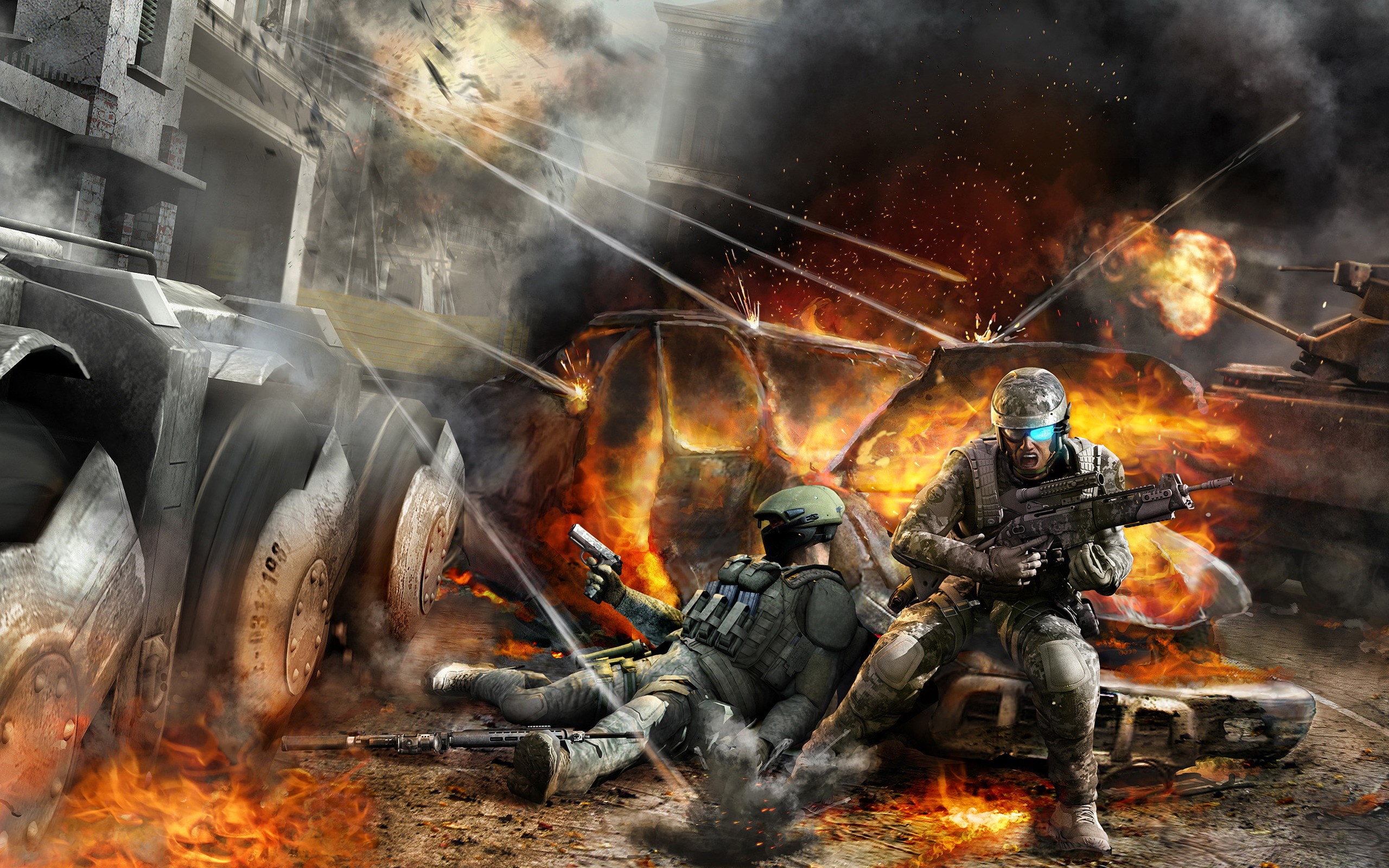 Soldiers in a fiery urban battle HD Wallpaper