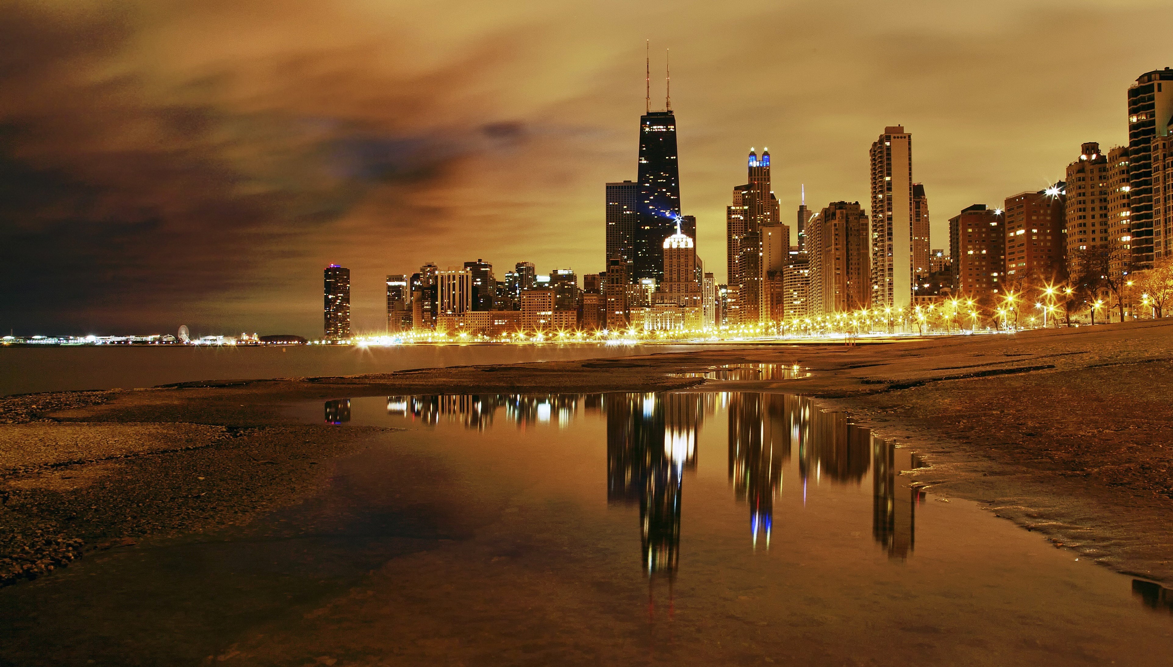 Chicago city skyline at night with reflections HD Wallpaper