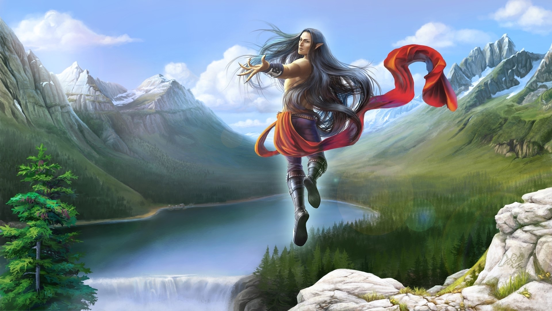 Elf floating over a waterfall and lake in mountains HD Wallpaper