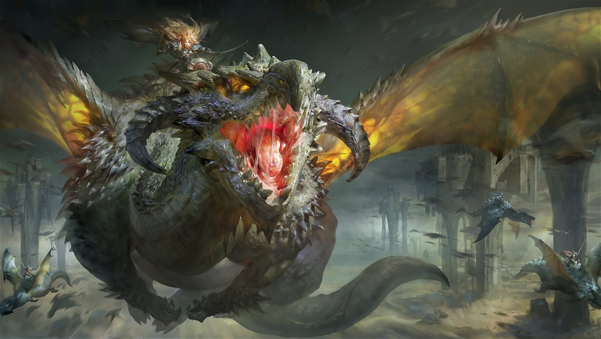 Dragon rider in a ruined city with other dragons HD Wallpaper