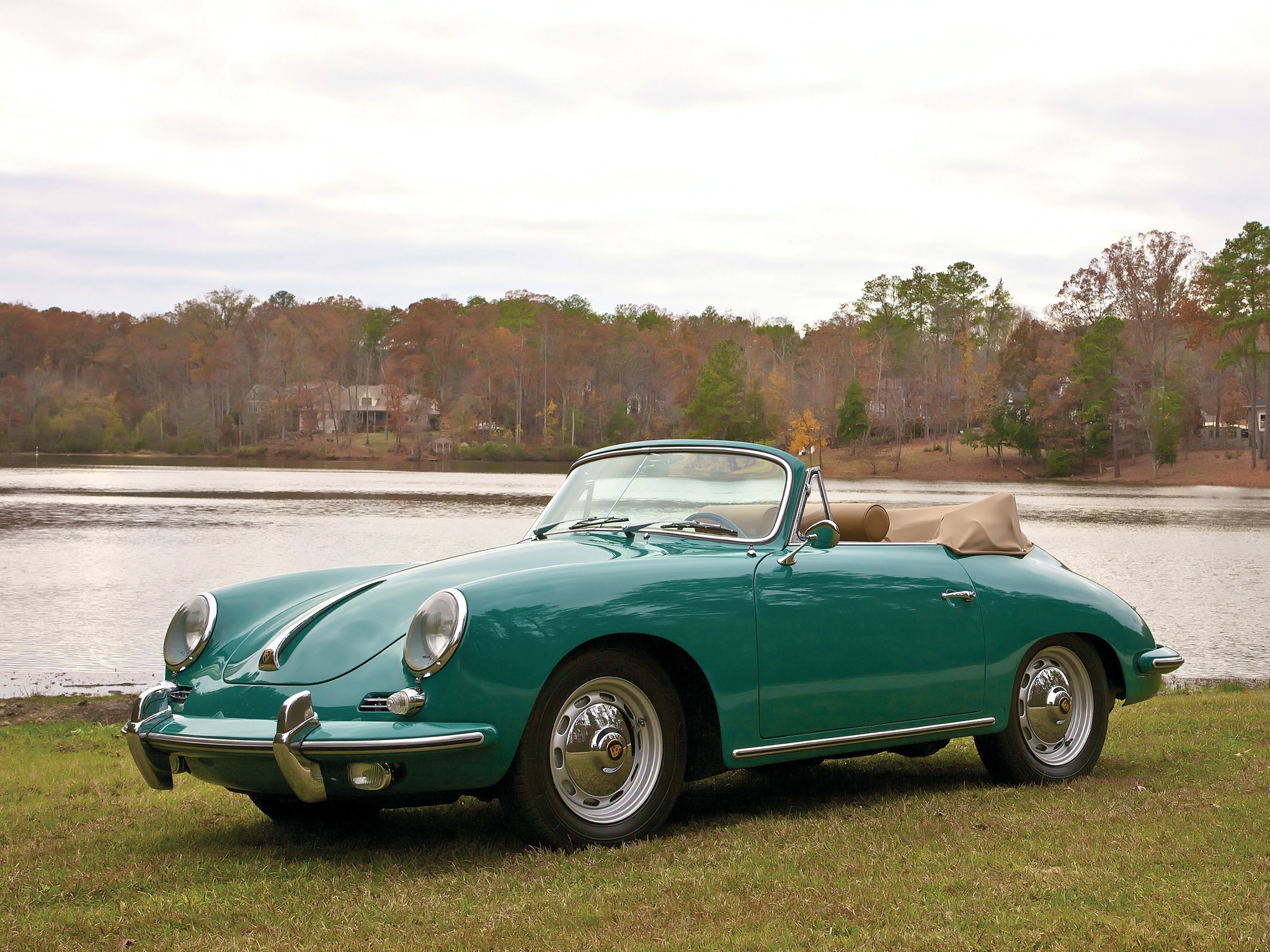 Green Porsche 356 Roadster by a Lake HD Wallpaper