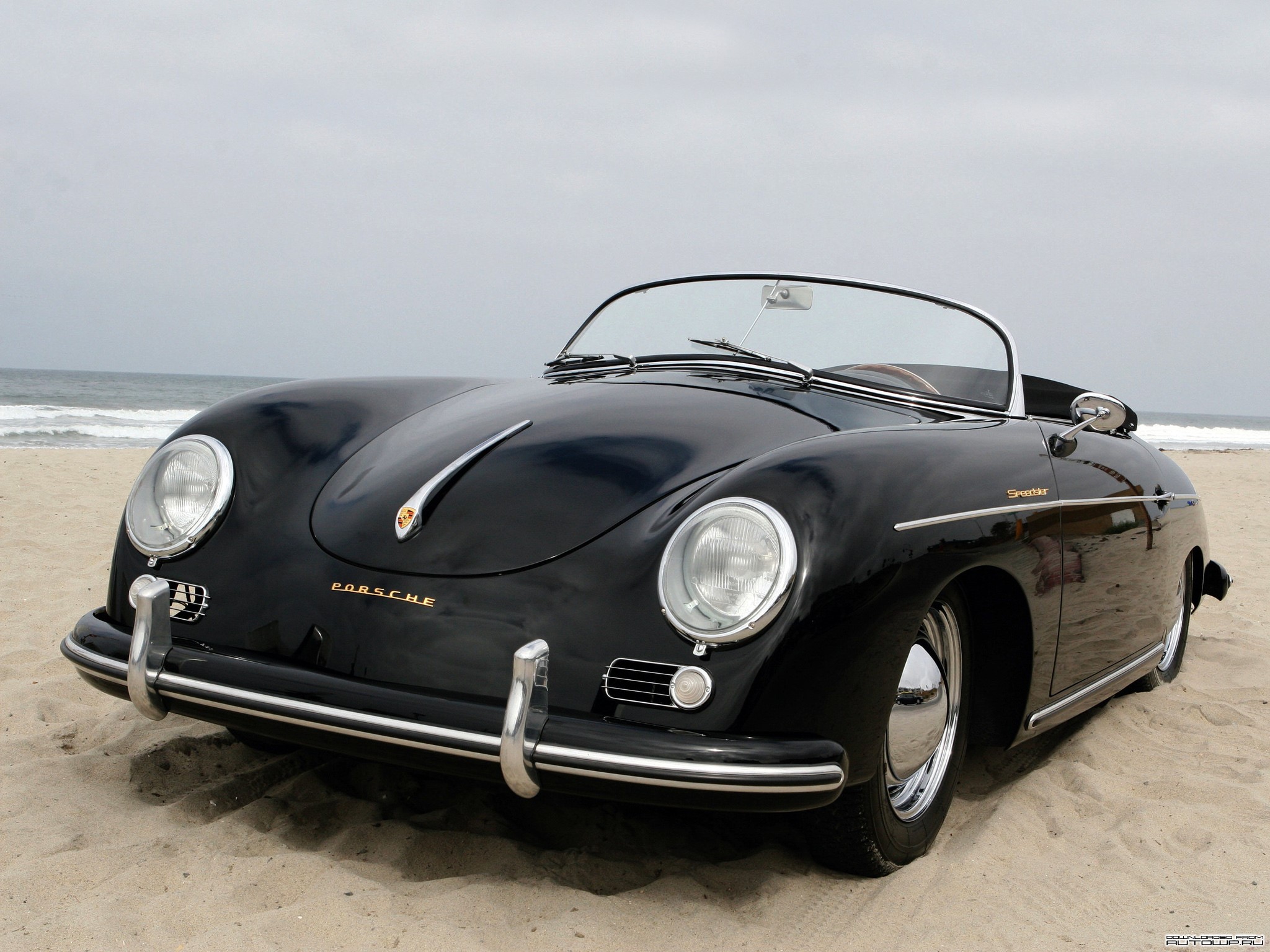 Black Porsche 356A 1500 Speedster on a Beach HD Wallpaper