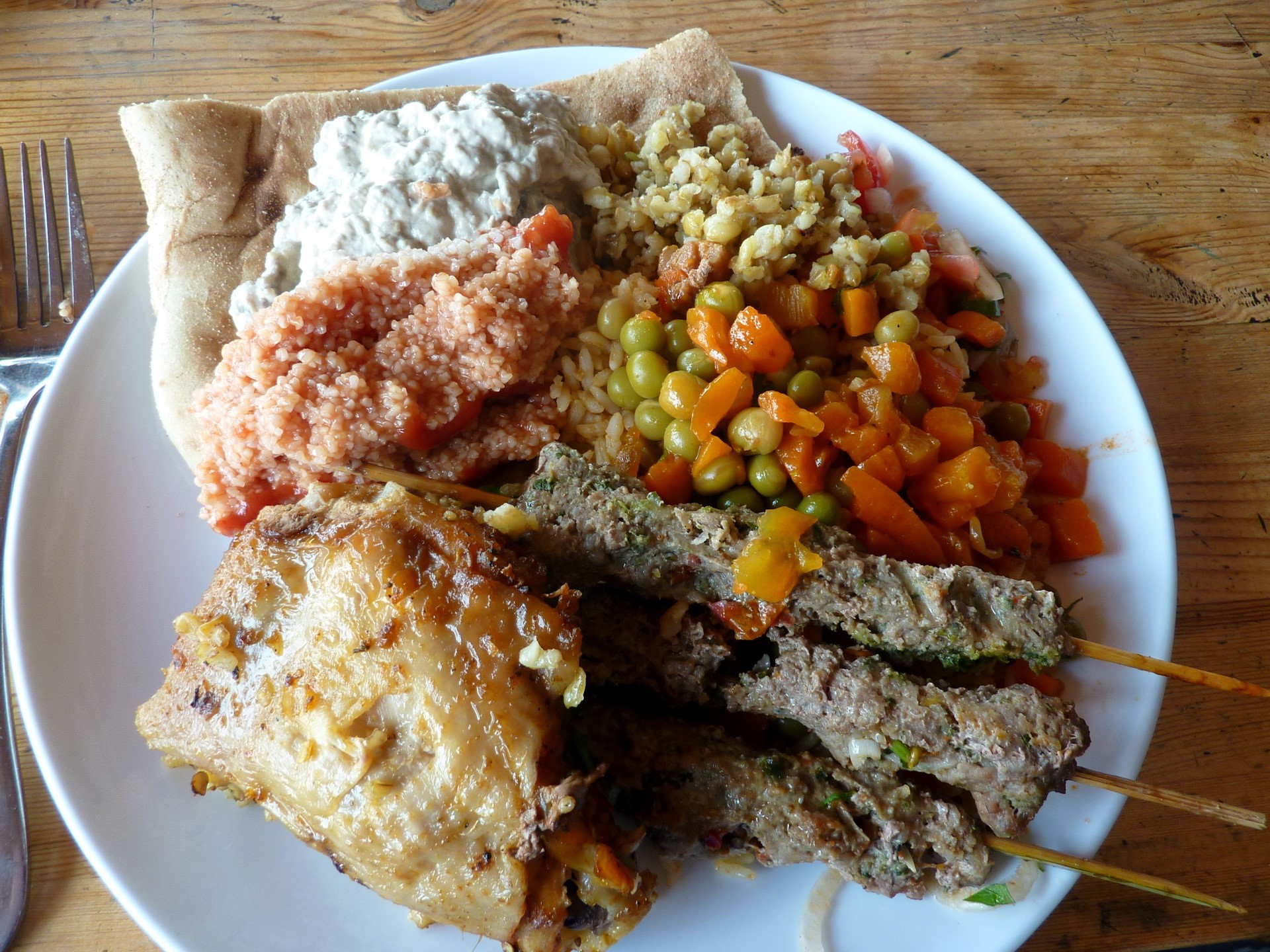 Plate of Middle Eastern Food with Kebabs and Dips HD Wallpaper