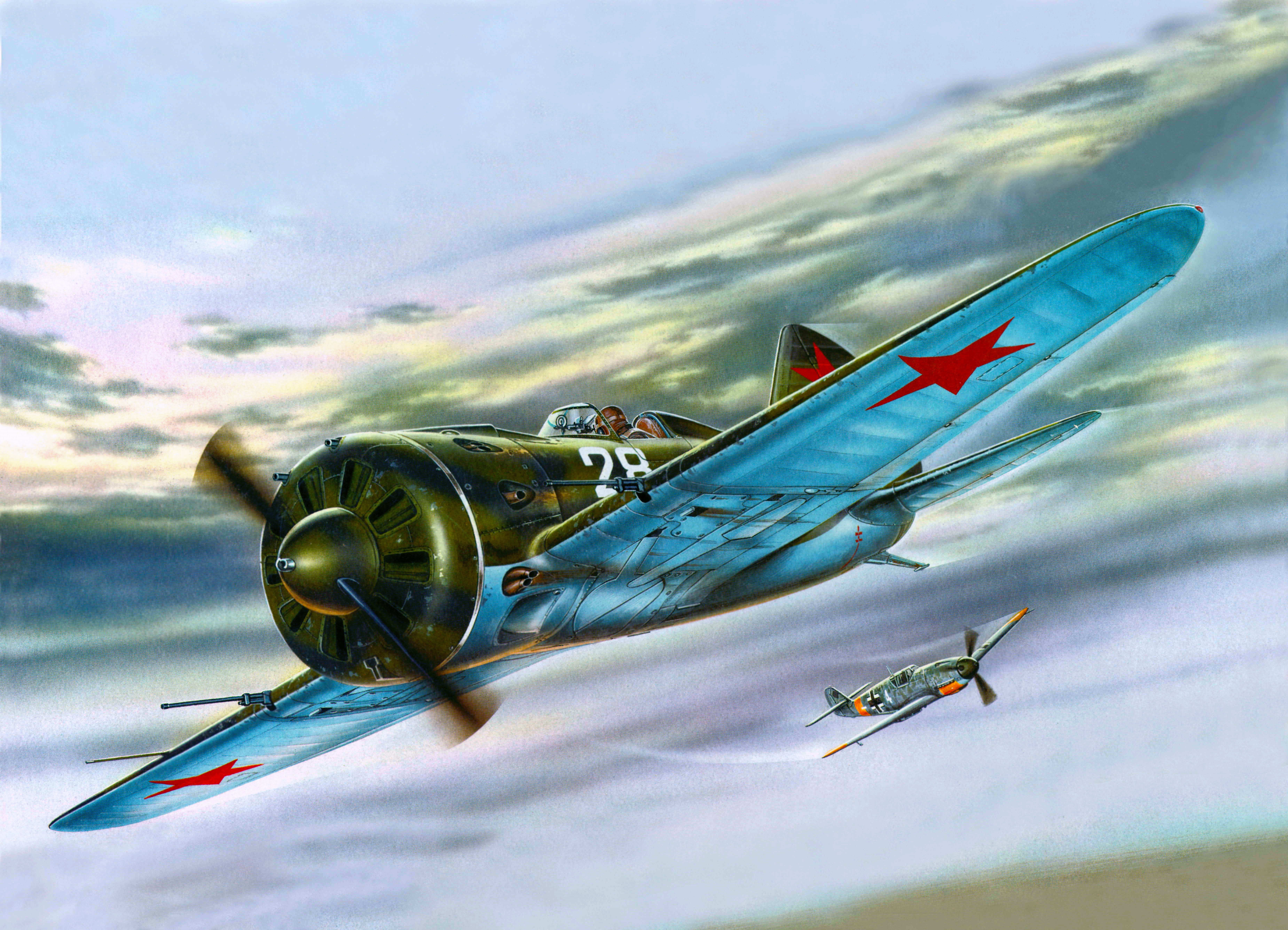 Polikarpov I-16 and Messerschmitt Bf 109 in flight HD Wallpaper