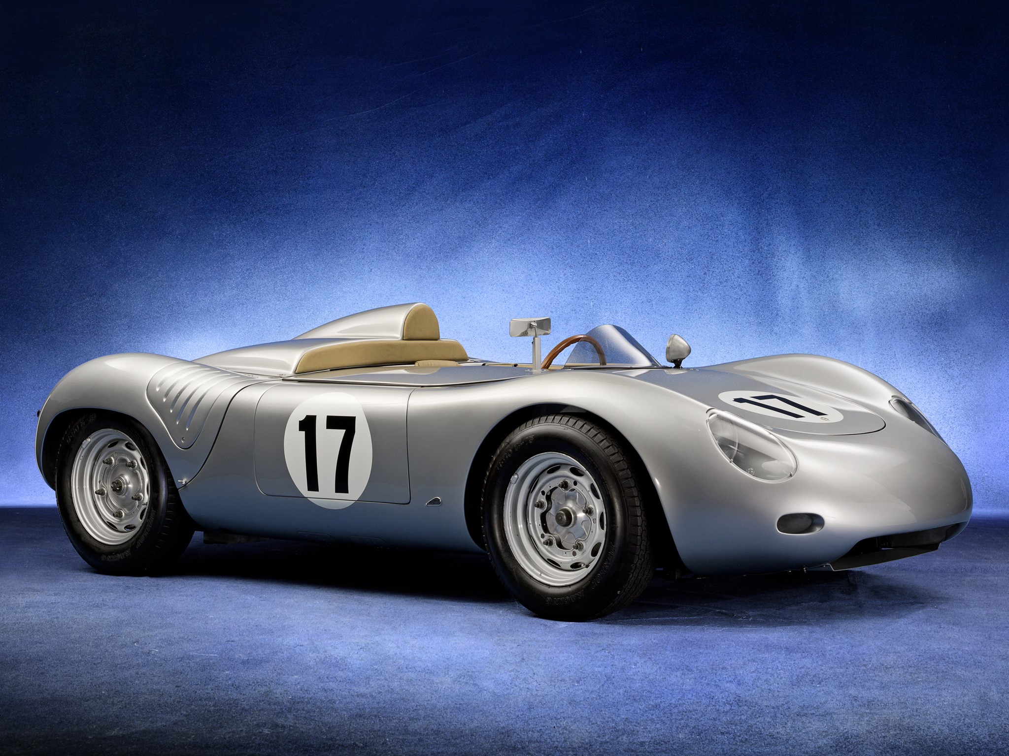 Silver Porsche 718 RSK race car with number 17 HD Wallpaper