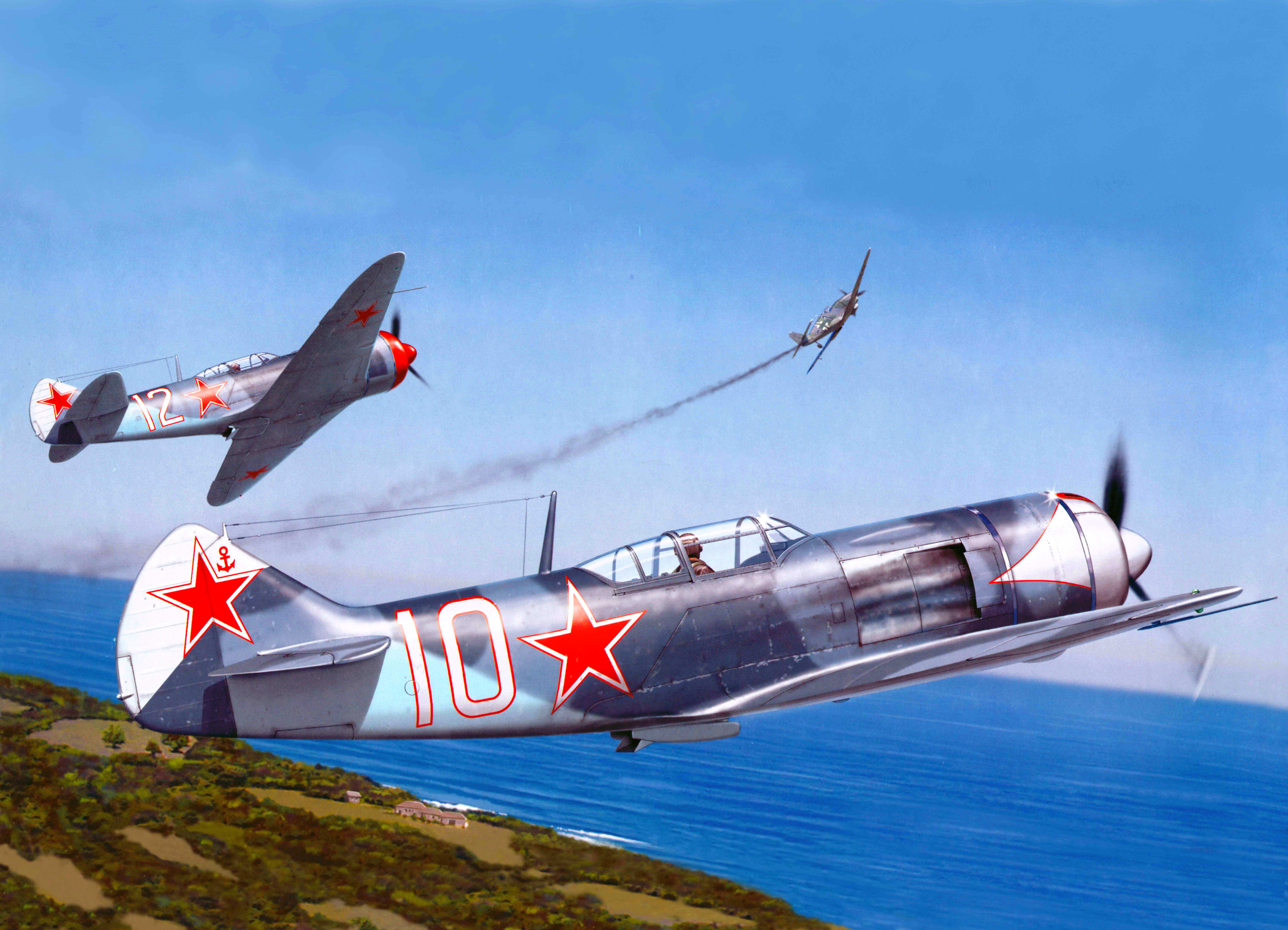 Two Soviet airplanes dogfighting over a coastline HD Wallpaper