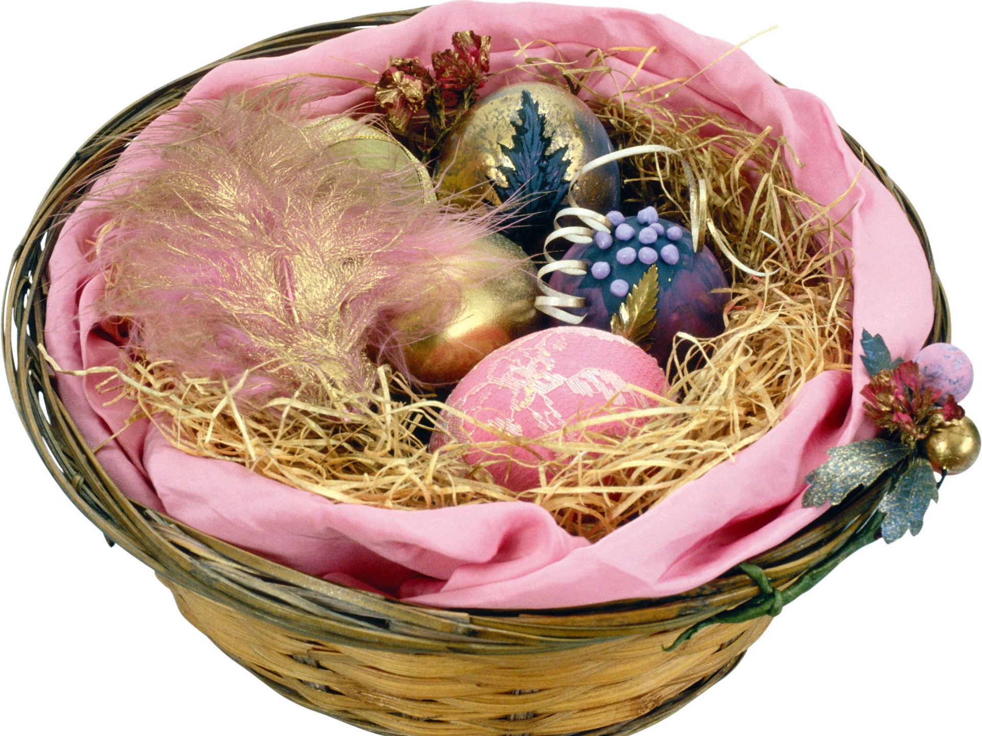 Easter basket with decorated eggs and feathers HD Wallpaper
