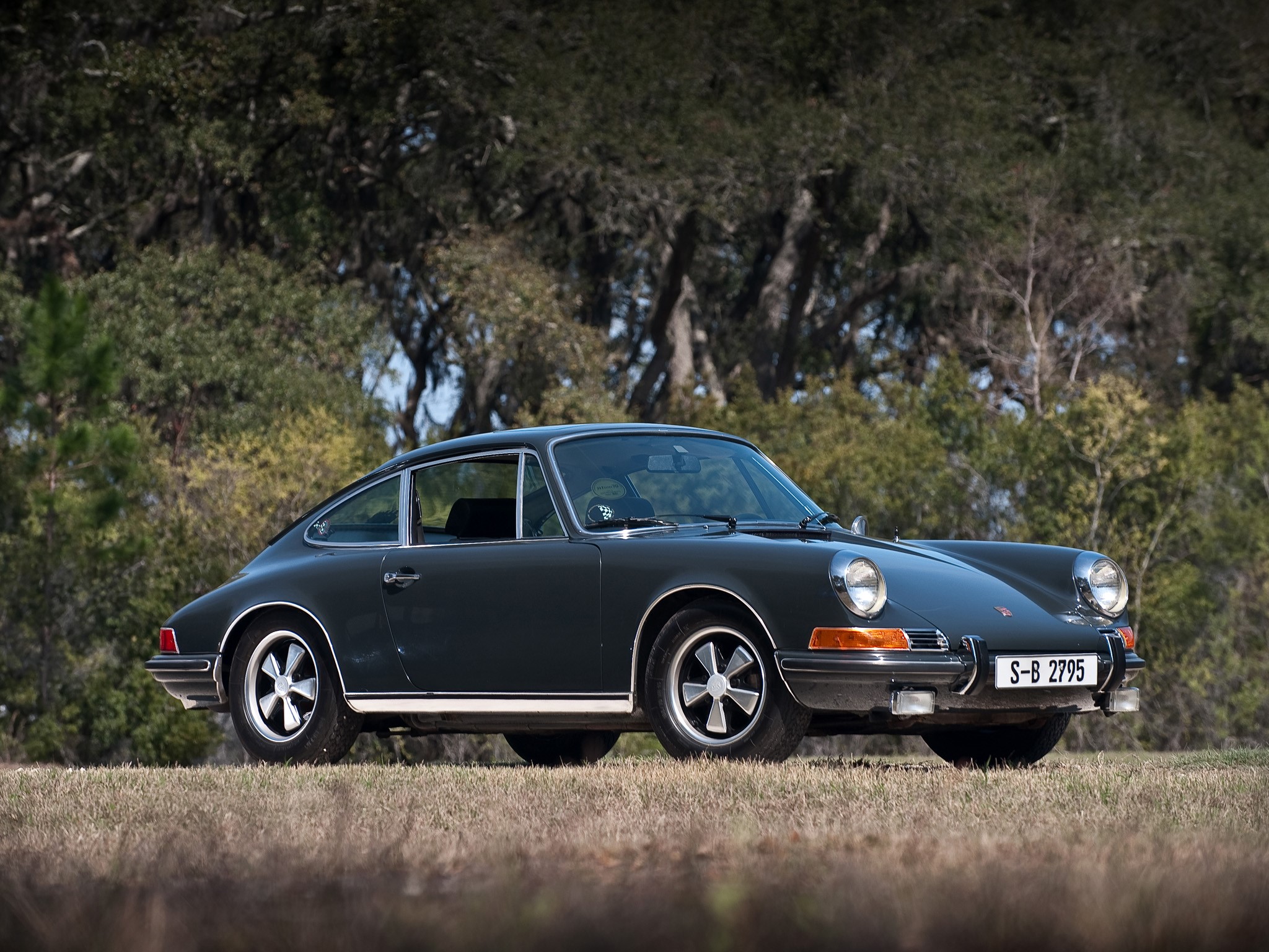 Dark Green Porsche 911 parked on grass HD Wallpaper
