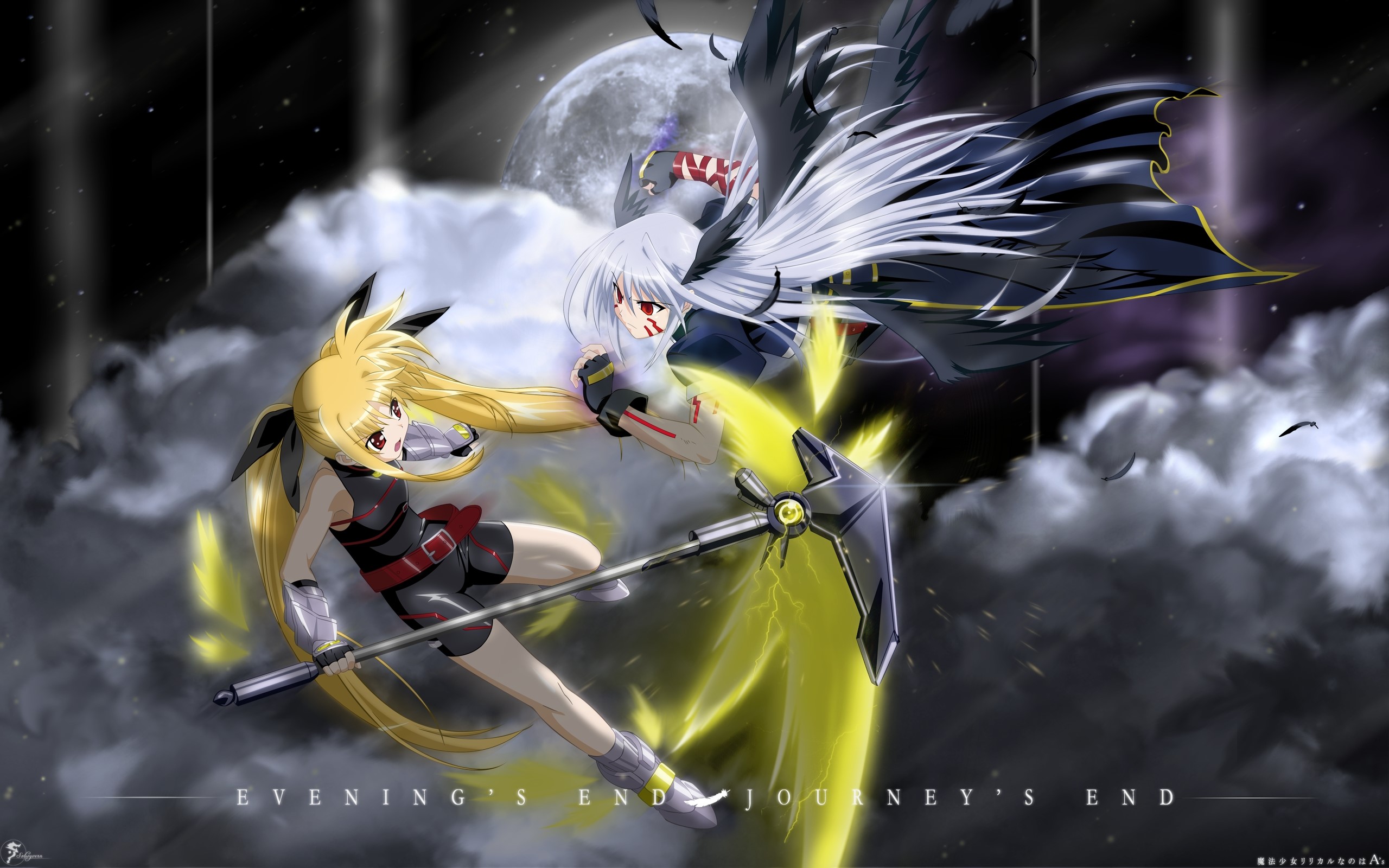 Two anime girls fighting with scythes and wings HD Wallpaper
