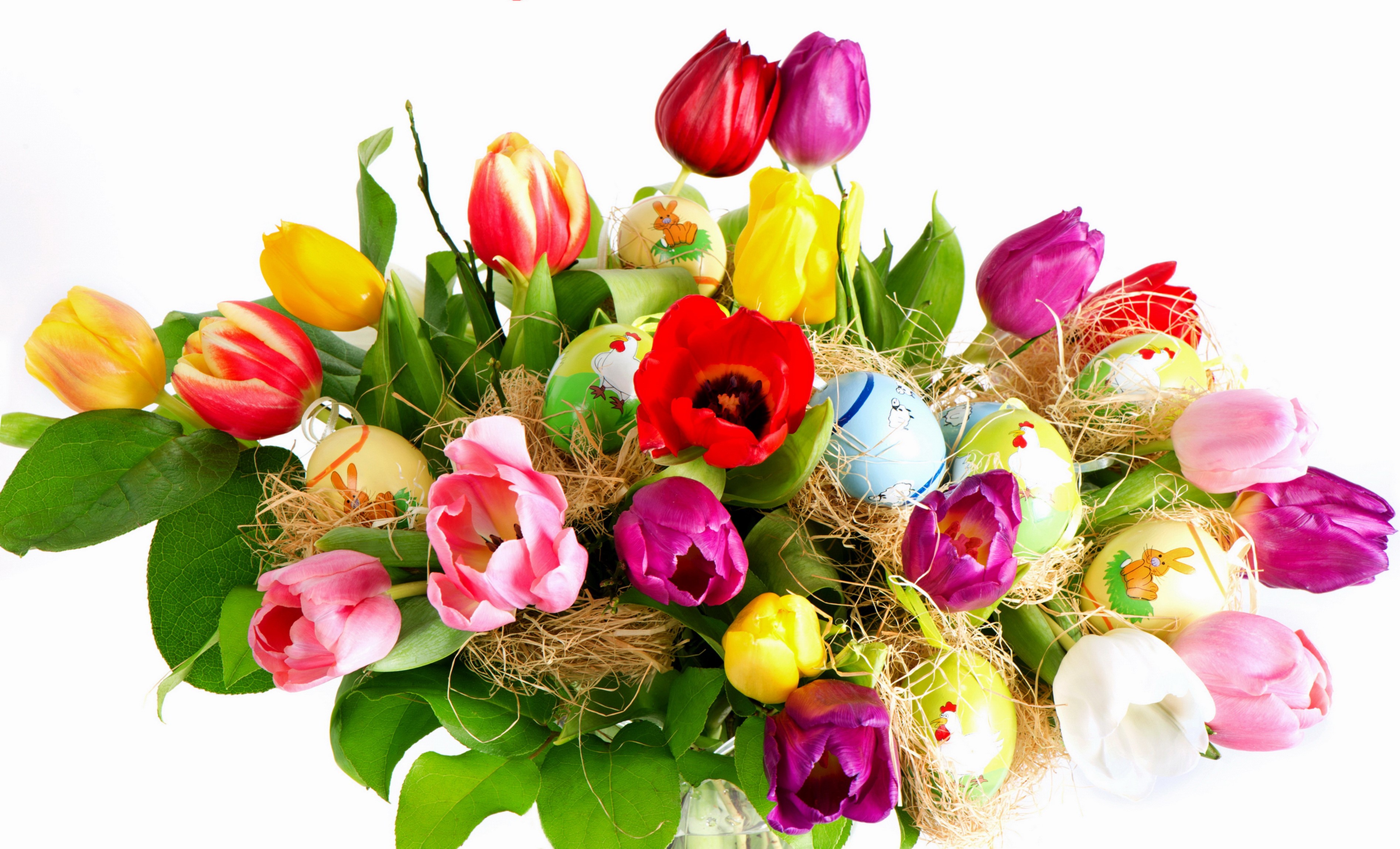 Easter Tulips and Decorated Eggs Arrangement HD Wallpaper