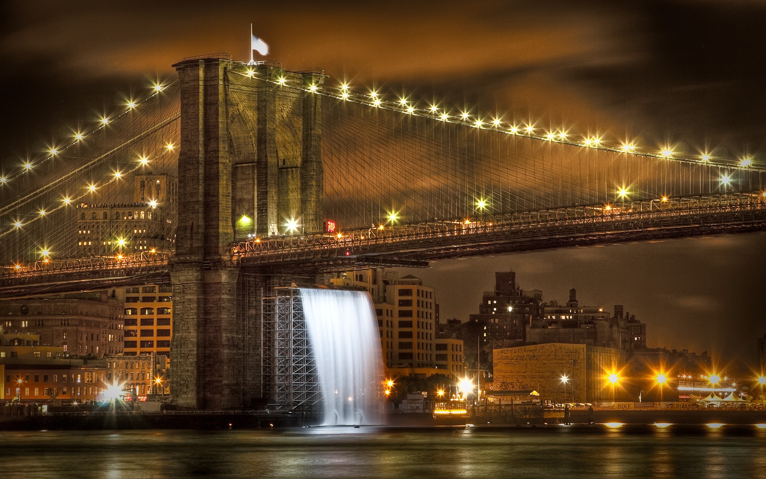 Brooklyn Bridge at night with waterfall HD Wallpaper