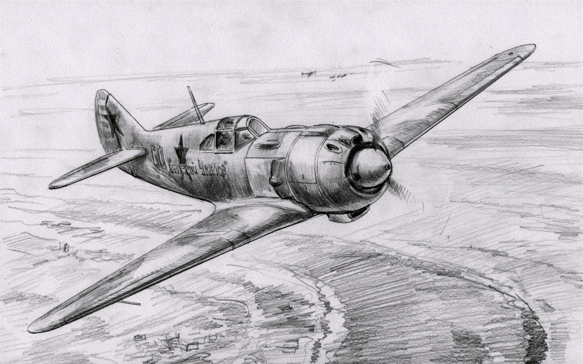 Pencil sketch of a Soviet fighter plane in flight HD Wallpaper