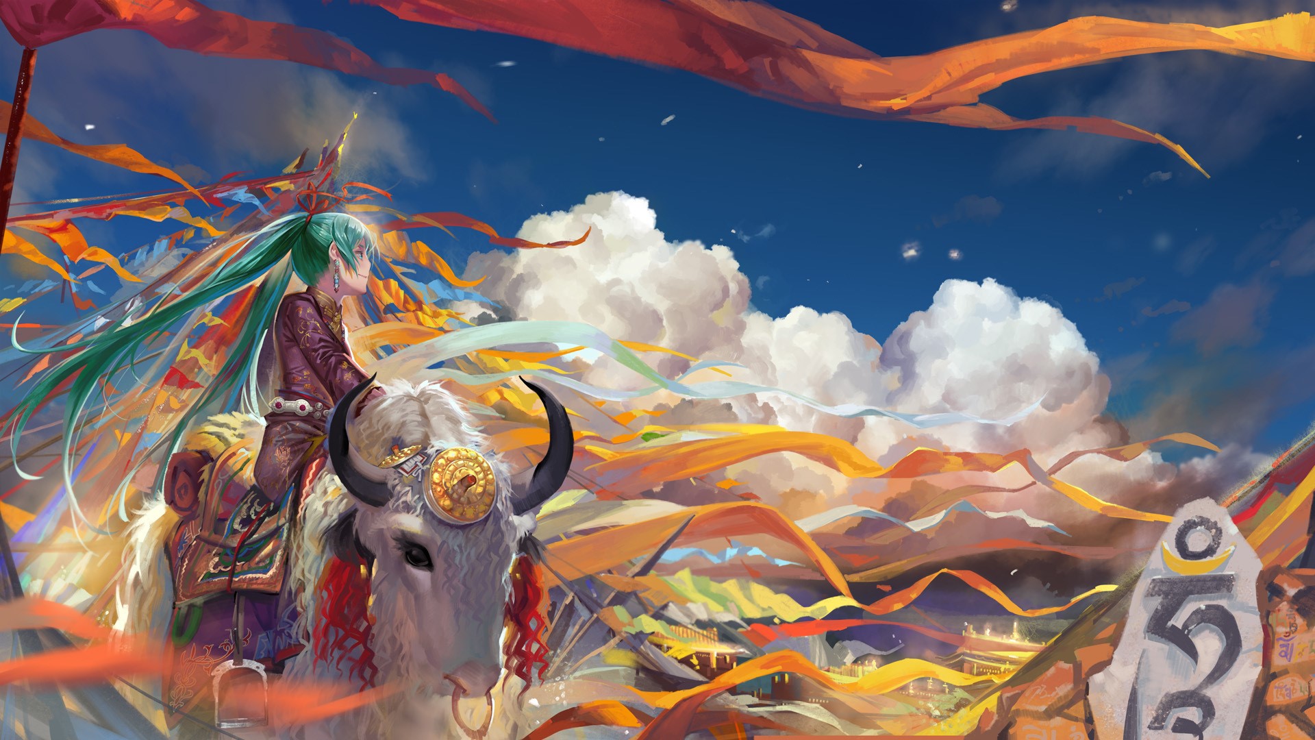 Hatsune Miku riding a yak with prayer flags HD Wallpaper