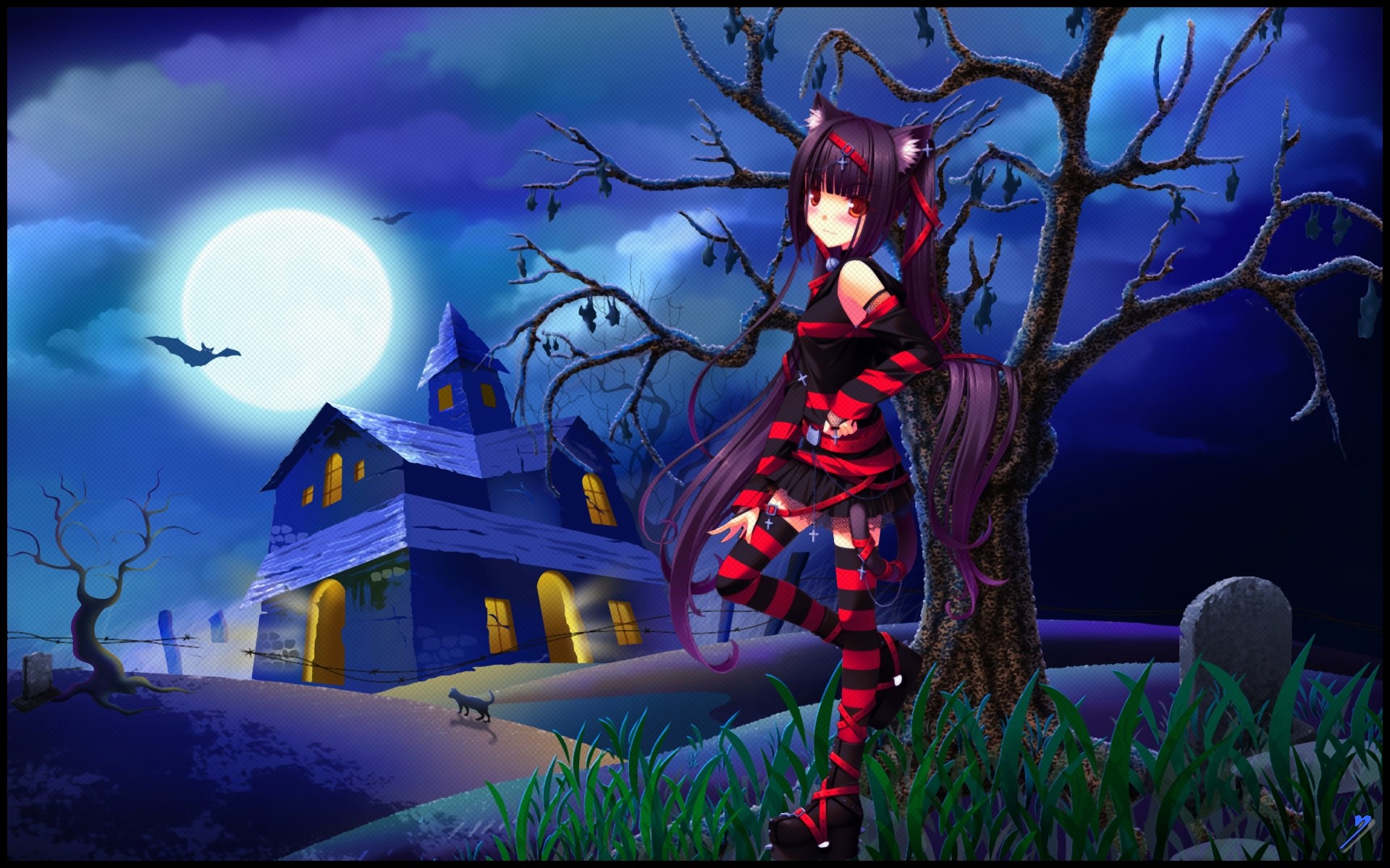 Neko Girl in a Haunted Halloween Scene HD Wallpaper