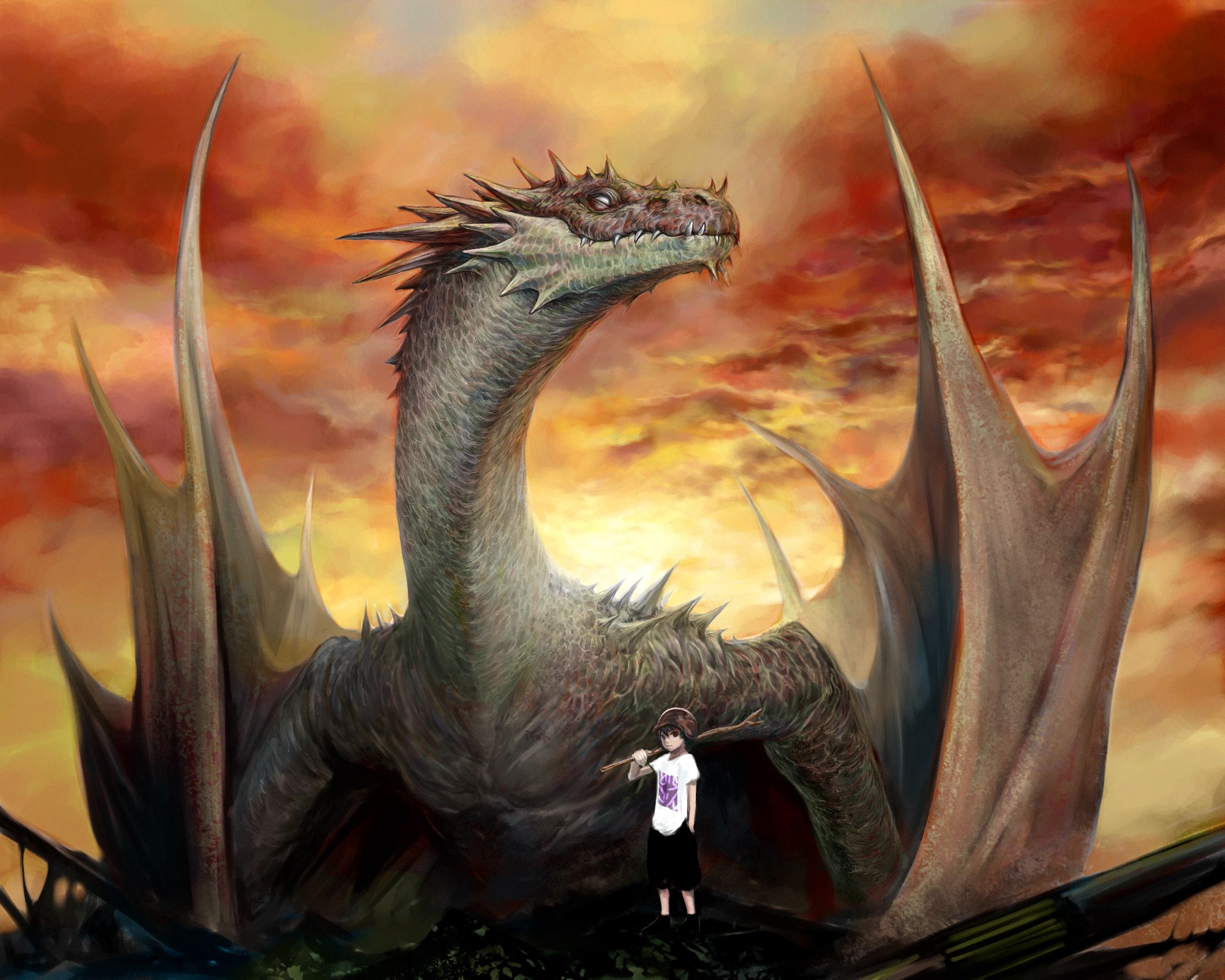 Dragon and a boy in front of a sunset HD Wallpaper