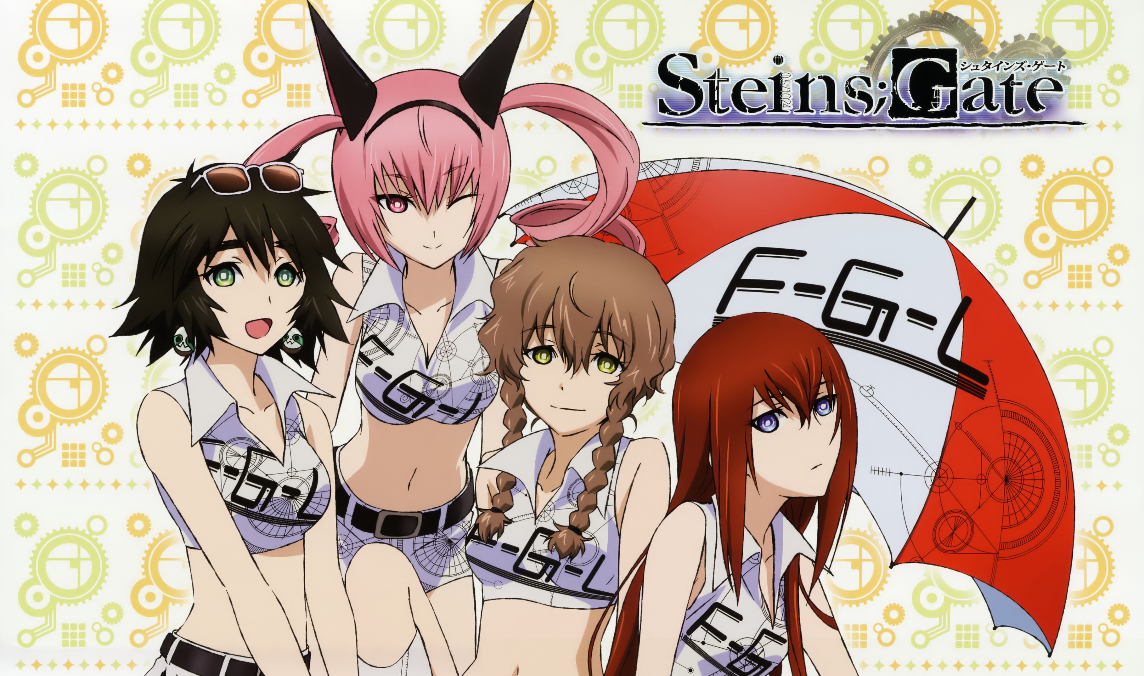 Steins;Gate characters with F-G-L umbrella HD Wallpaper