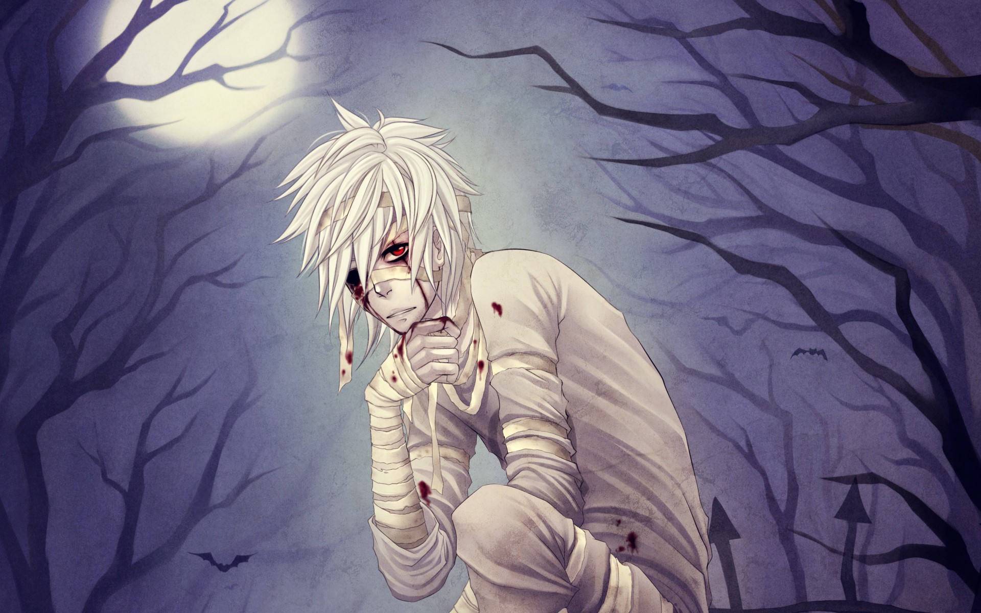 Bandaged young man with red eyes in a dark forest HD Wallpaper