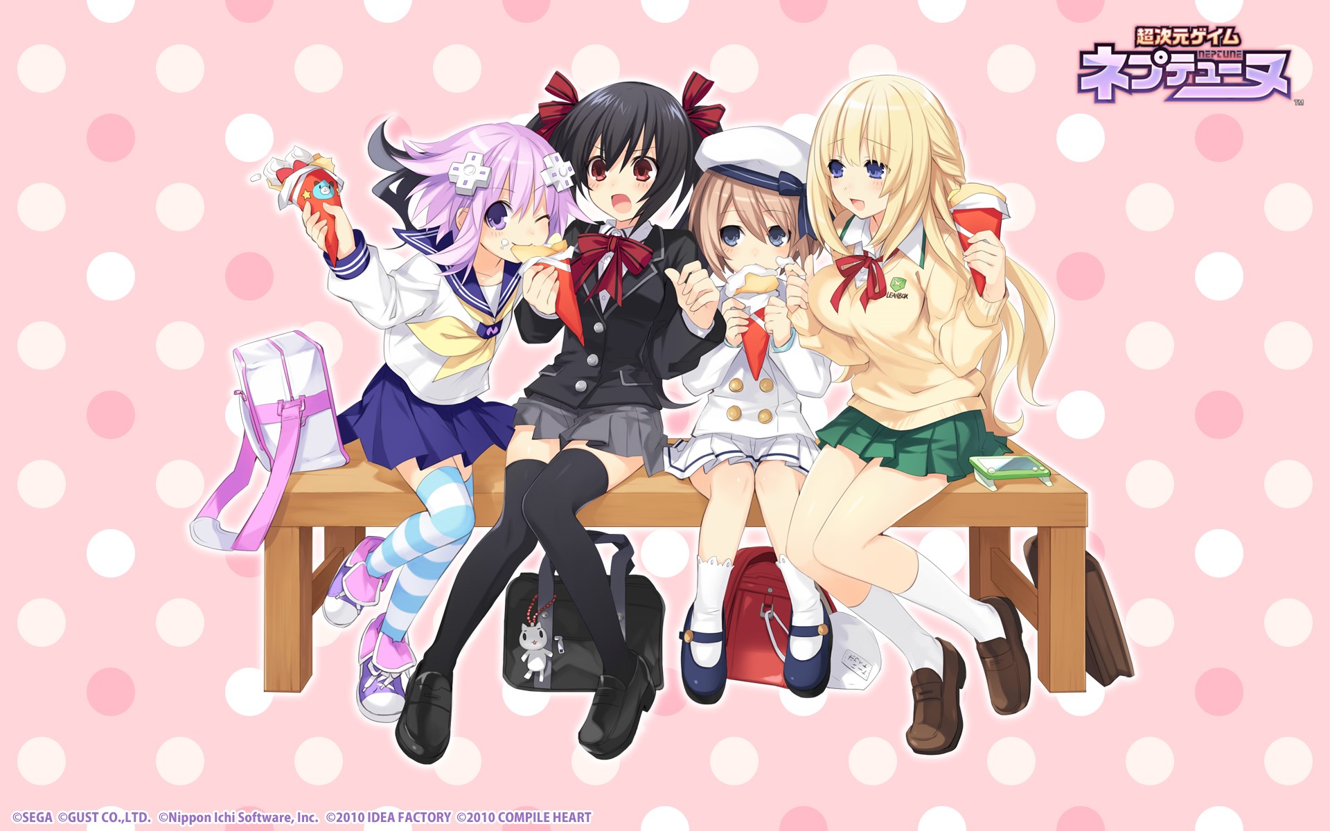 Four girls from Hyperdimension Neptunia sitting on a bench HD Wallpaper