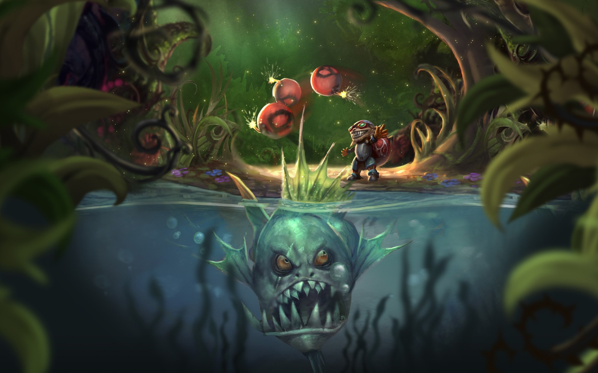 Fizz from League of Legends fighting a fish HD Wallpaper