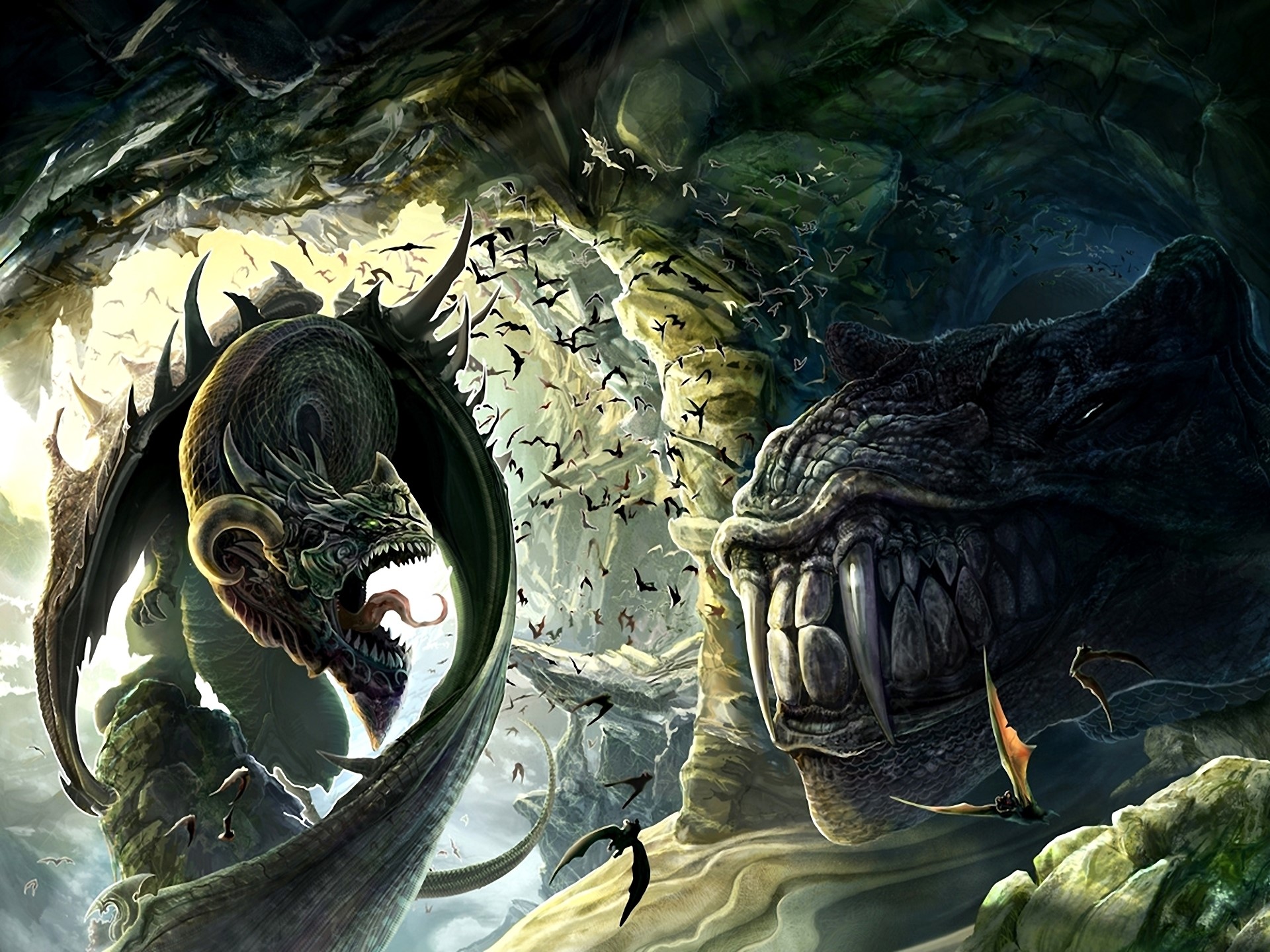 Two dragons in a cave with flying creatures HD Wallpaper
