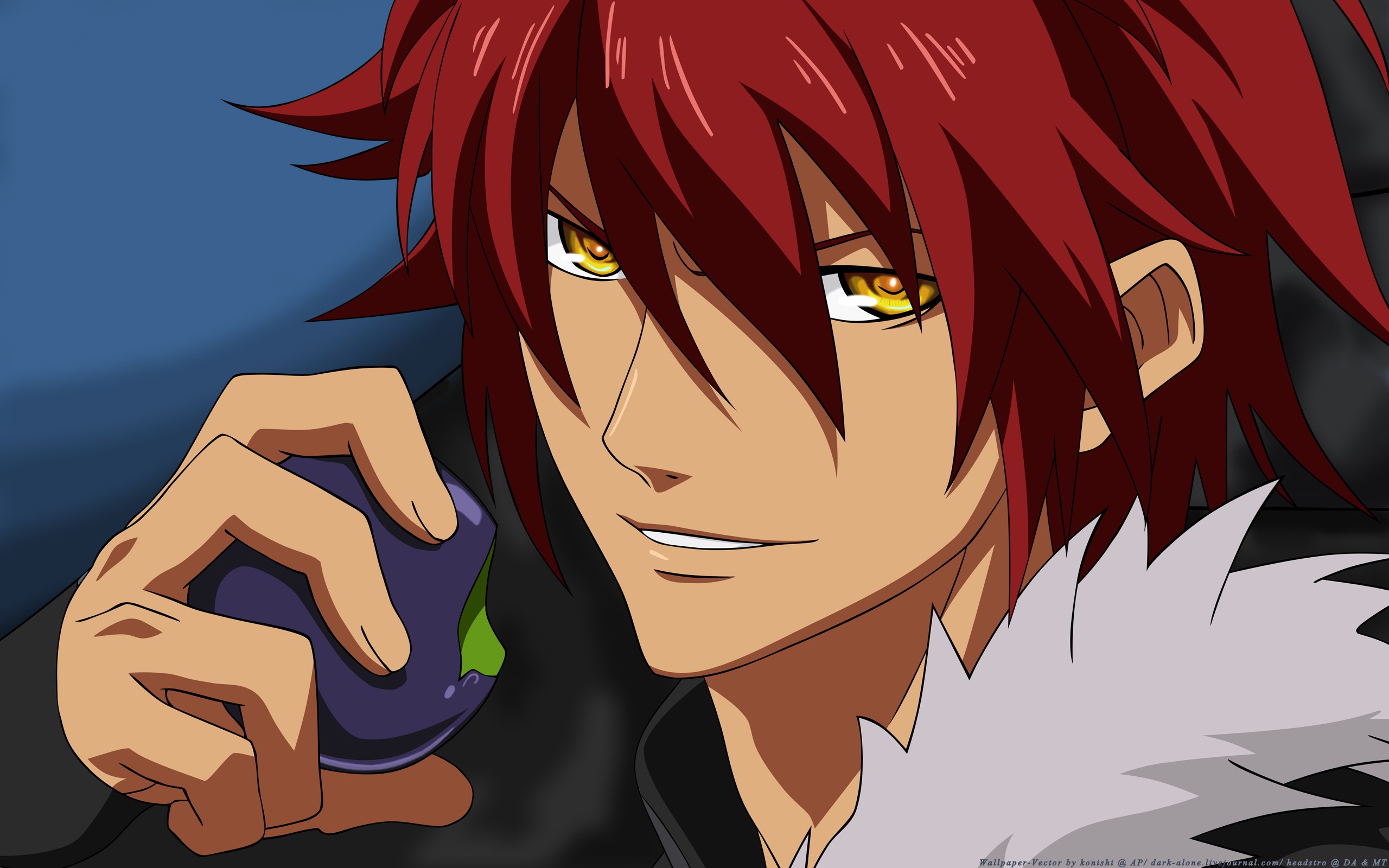 Young man with red hair from Aquarion Evol holding an eggplant HD Wallpaper