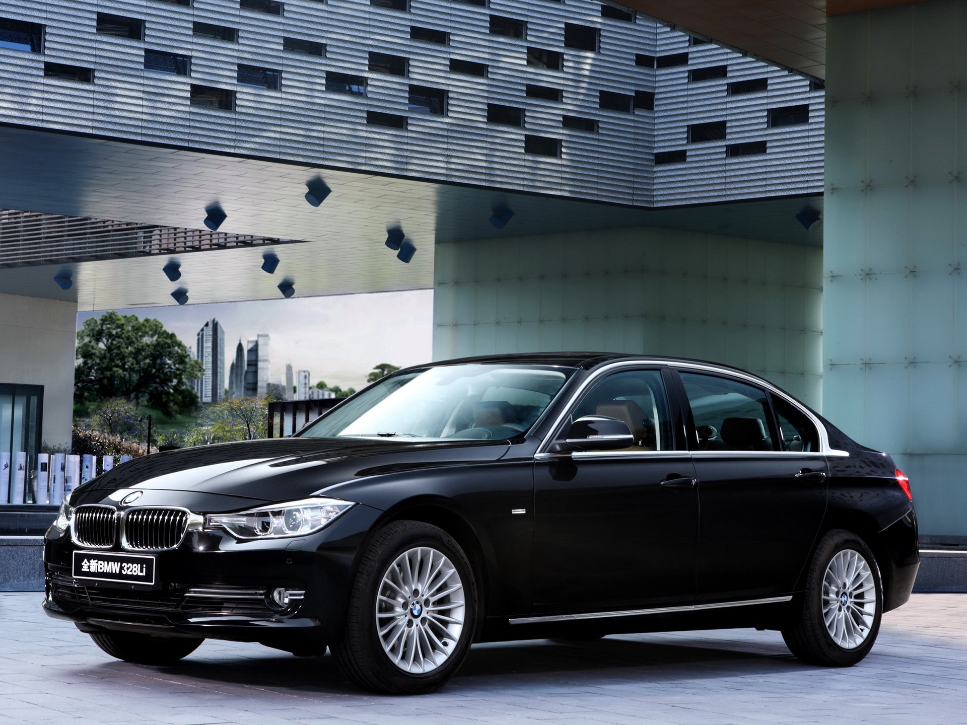 Black BMW 328Li Sedan in Modern Architecture HD Wallpaper